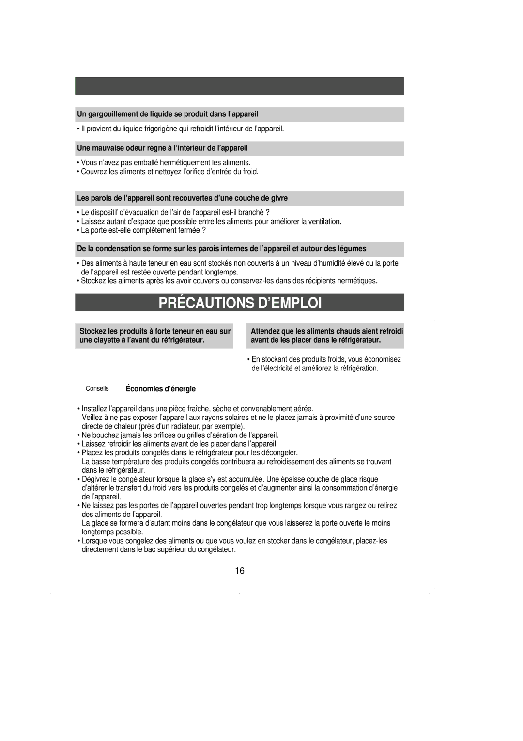 Samsung RL39WBSW1/CAF, RL39WBSW1/CAH manual Précautions D’EMPLOI, Un gargouillement de liquide se produit dans l’appareil 