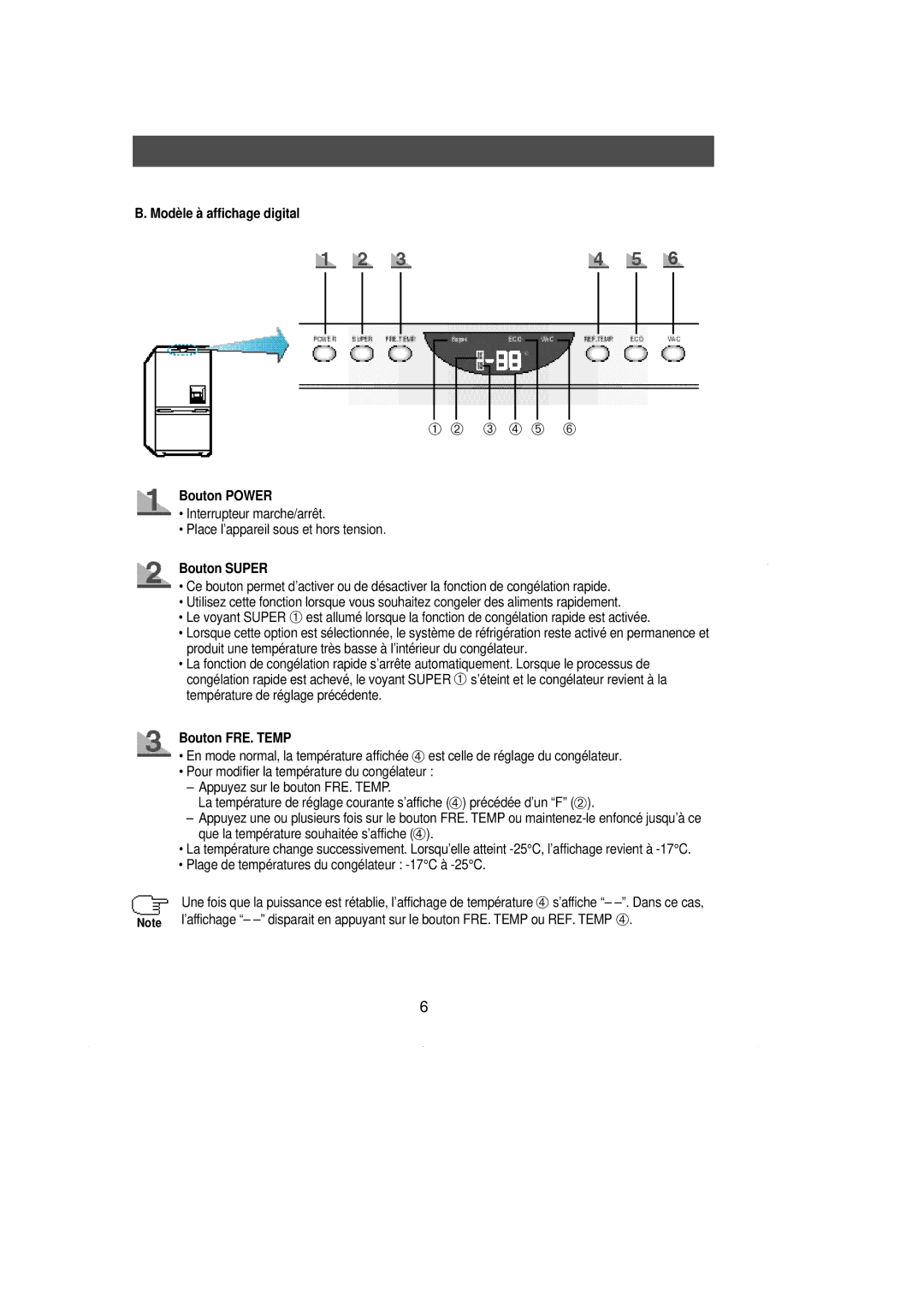 Samsung RL36SBSW1/XEF, RL39WBSW1/CAH, RL38SBSW1/XEF manual Modèle à affichage digital, Bouton Super, Bouton FRE. Temp 