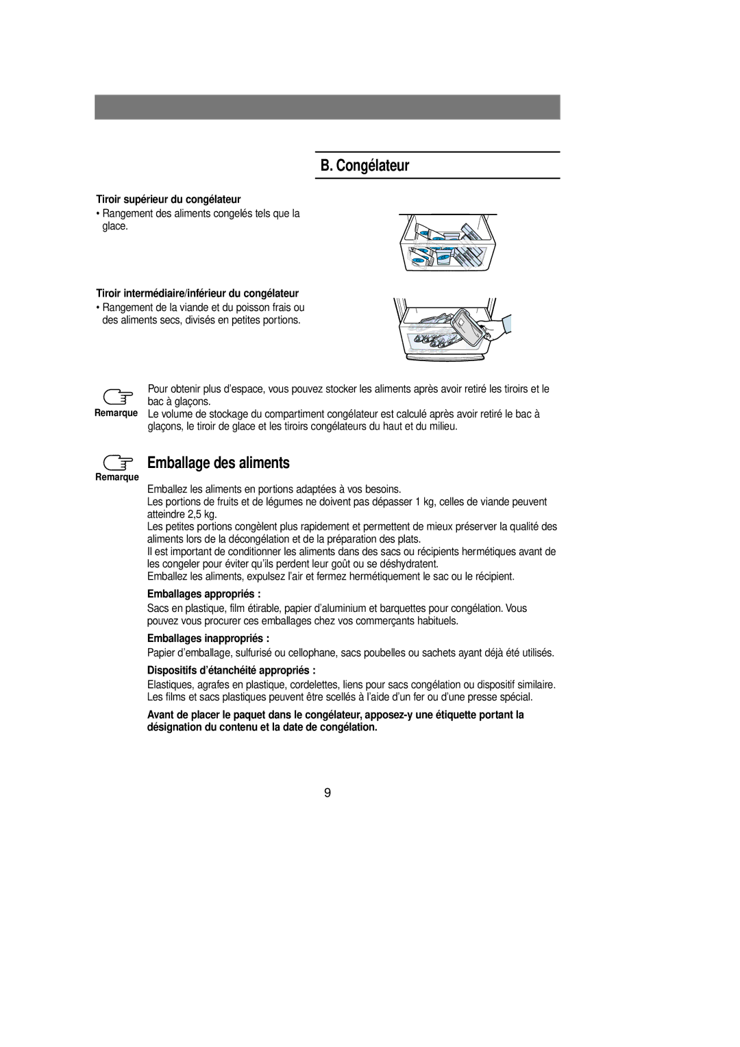 Samsung RL39WBSW1/CAF, RL39WBSW1/CAH manual Tiroir supérieur du congélateur, Tiroir intermédiaire/inférieur du congélateur 