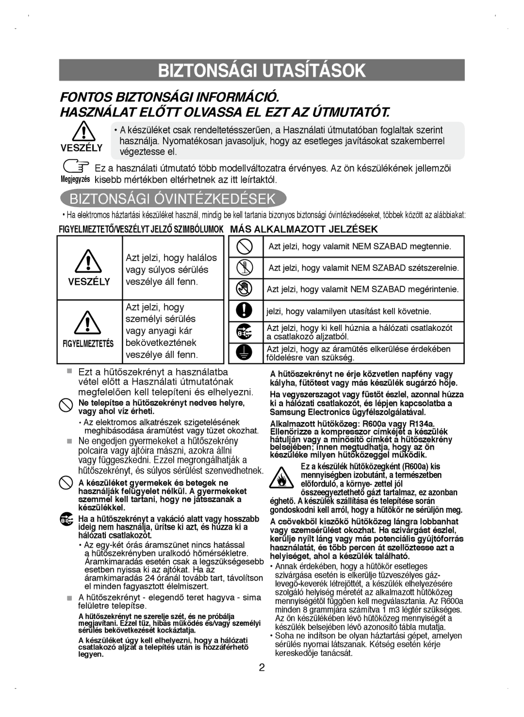 Samsung RL38HCIH1/XEH, RL39WBSW1/XEO Biztonsági Utasítások, Végeztesse el, Azt jelzi, hogy halálos Vagy súlyos sérülés 