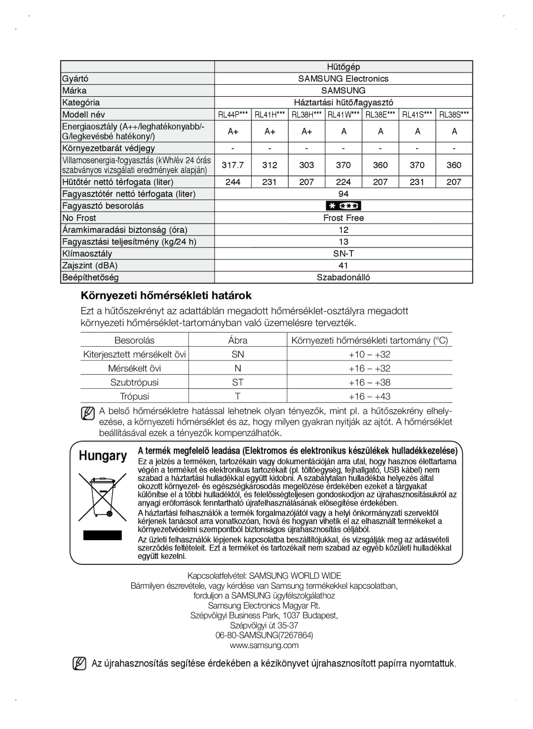 Samsung RL41HCTB1/XEO, RL39WBSW1/XEO, RL44PCIH1/XEH, RL38HCIH1/XEH, RL38ECPS1/XEO, RL38HCIH1/XEO, RL41PCIH1/XEO manual Hungary 