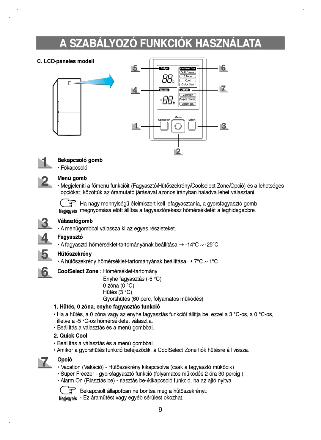 Samsung RL38HCSW1/XEO LCD-paneles modell Bekapcsoló gomb, Menü gomb, Választógomb, Fagyasztó, Hűtőszekrény, Quick Cool 