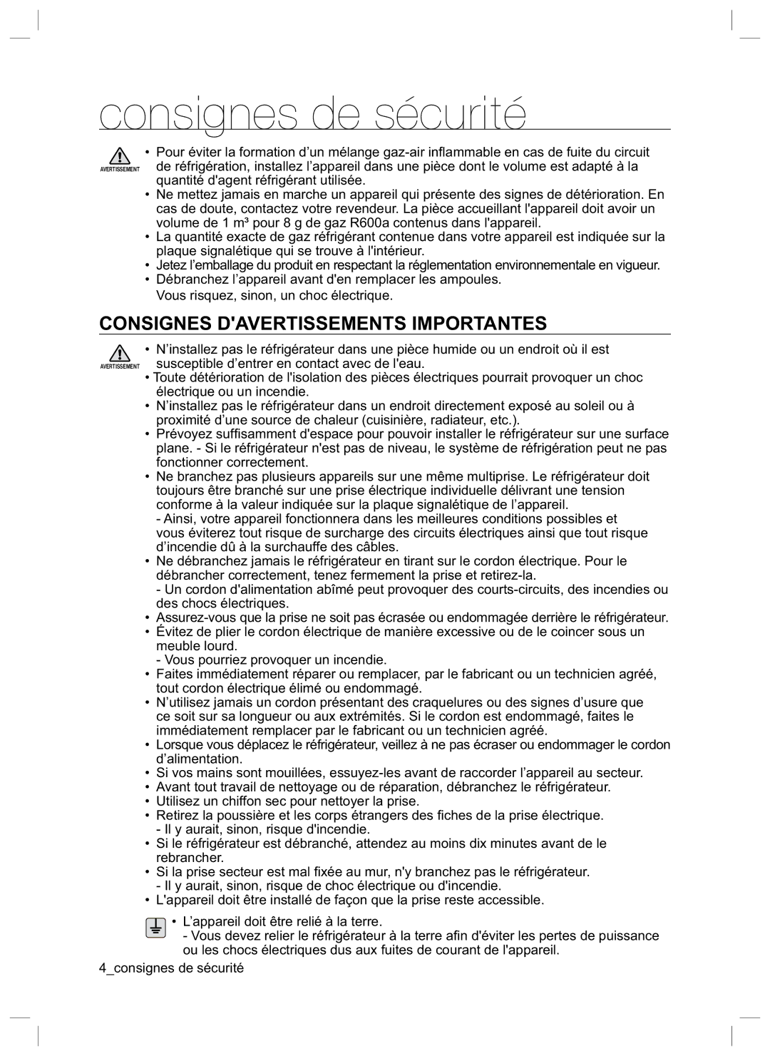 Samsung RL34LCSW1/XEG, RL40ECSW1/XEG, RL34EGPS1/XEG, RL34HGSW1/XEG, RL40HGSW1/XEG manual Consignes Davertissements Importantes 