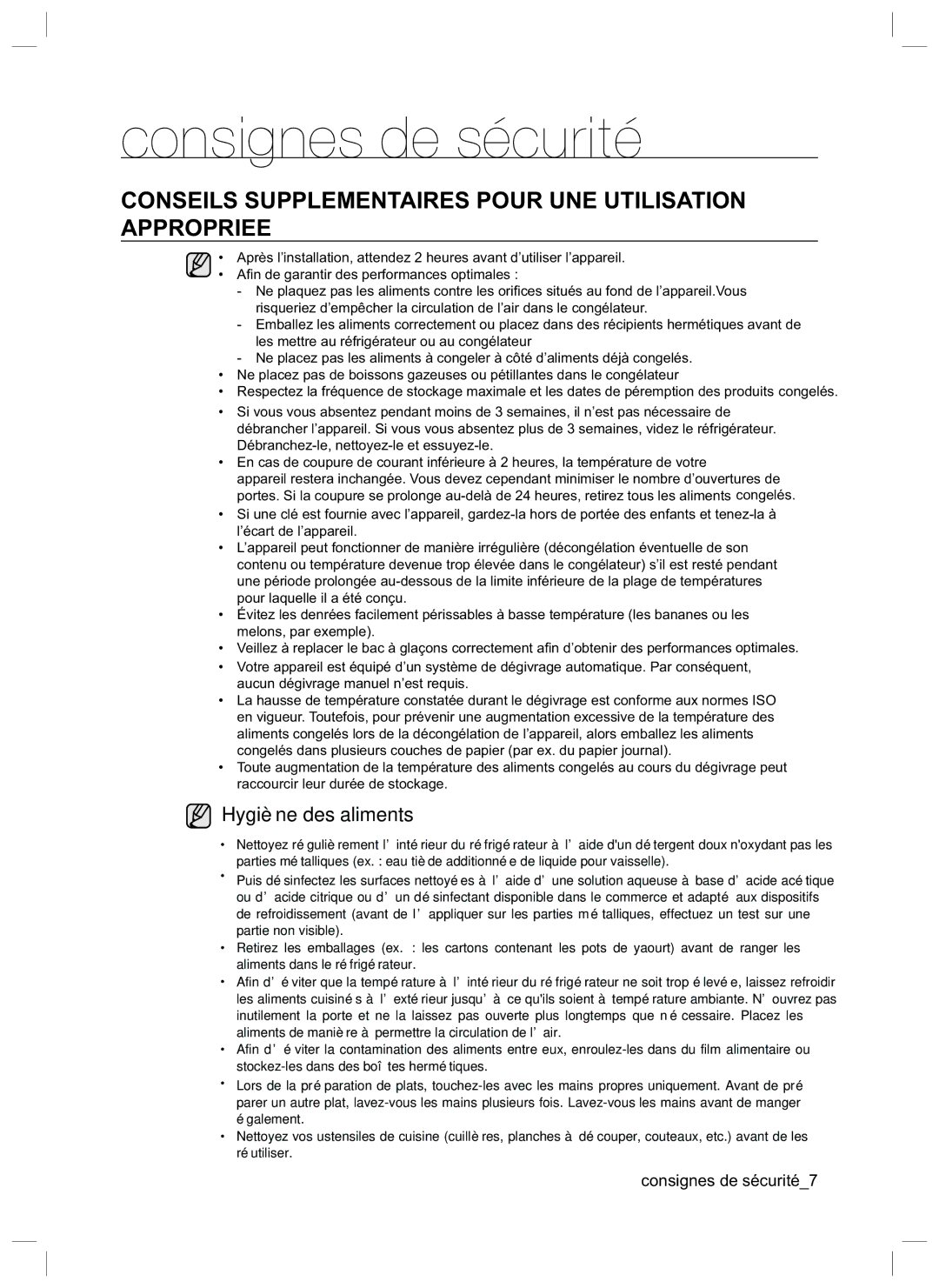 Samsung RL34ECSW1/XEG, RL40ECSW1/XEG manual Conseils Supplementaires Pour UNE Utilisation Appropriee, Hygiène des aliments 