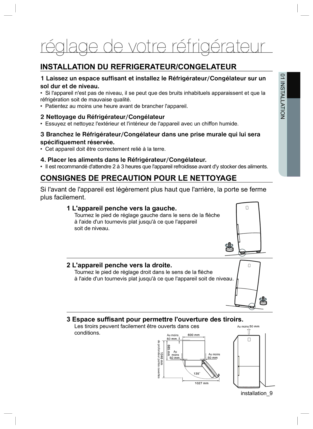 Samsung RL34HGPS1/XEG, RL40ECSW1/XEG, RL34EGPS1/XEG, RL34HGSW1/XEG, RL40HGSW1/XEG Installation DU REFRIGERATEUR/CONGELATEUR 