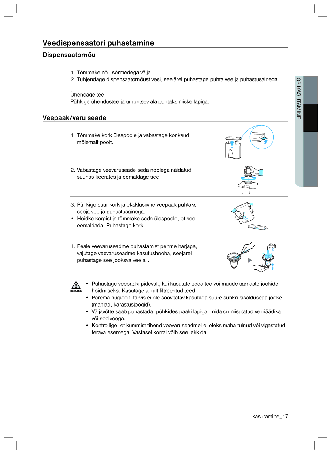 Samsung RL34ECTS1/XEO, RL40EGSW1/BWT, RL40ECPS1/BWT manual Veedispensaatori puhastamine, Dispensaatornõu, Veepaak/varu seade 