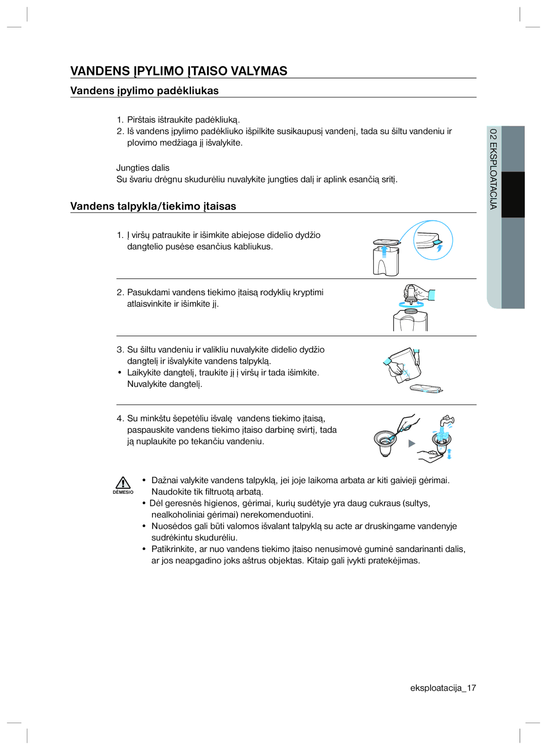 Samsung RL34ECTS1/XEO manual Vandens Įpylimo Įtaiso Valymas, Vandens įpylimo padėkliukas, Vandens talpykla/tiekimo įtaisas 