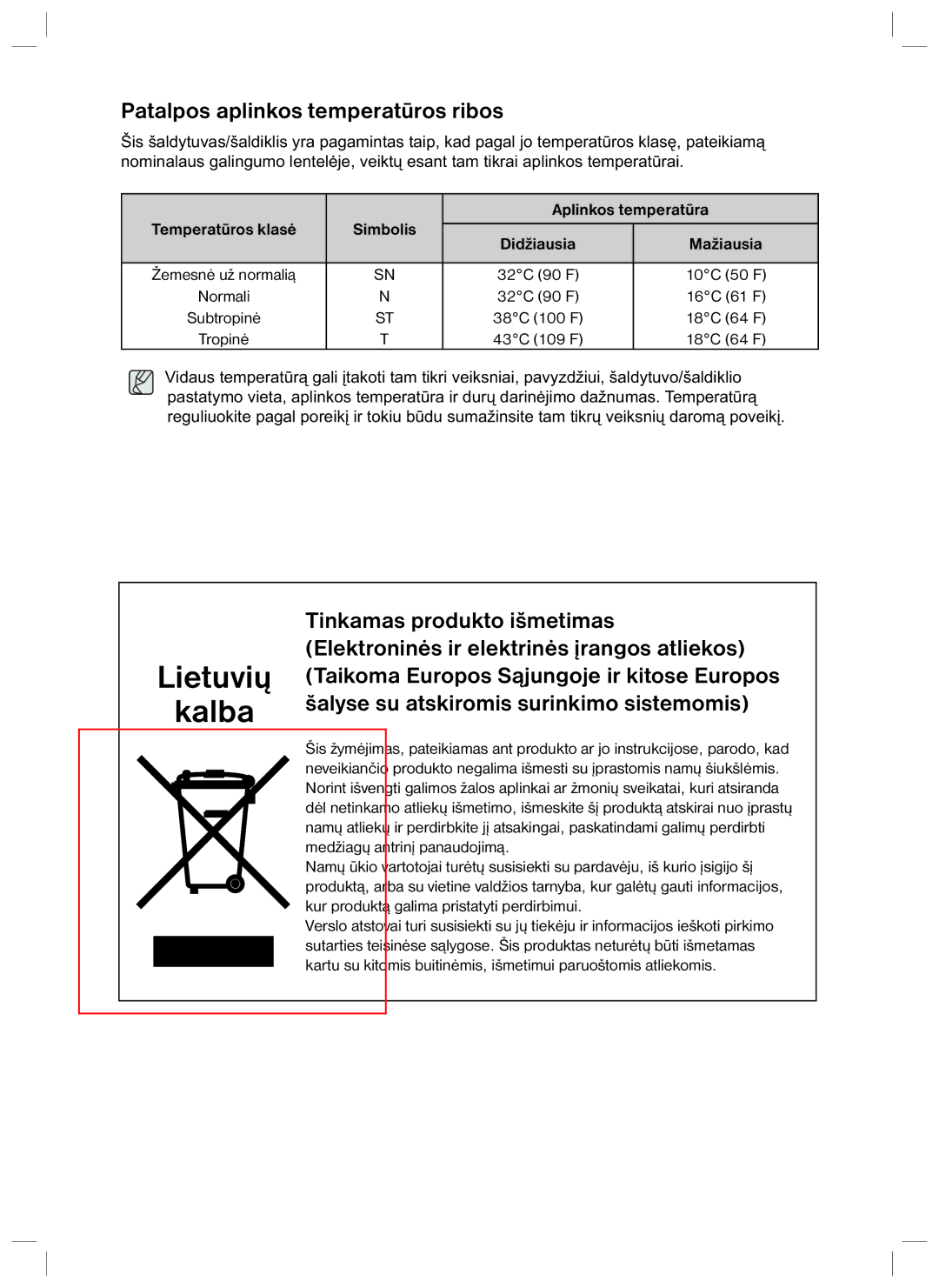 Samsung RL40EGSW1/BWT, RL40ECPS1/BWT, RL40EGPS1/BWT manual Patalpos aplinkos temperatūros ribos, Aplinkos temperatūra 