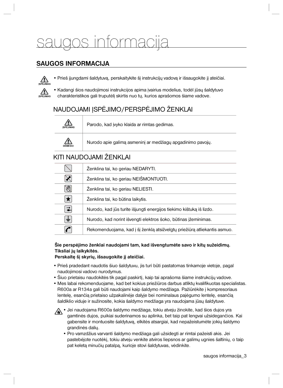 Samsung RL34ECTS1/XEO, RL40EGSW1/BWT, RL40ECPS1/BWT, RL40EGPS1/BWT, RL34ECTS1/BWT manual Saugos informacija, Saugos Informacija 