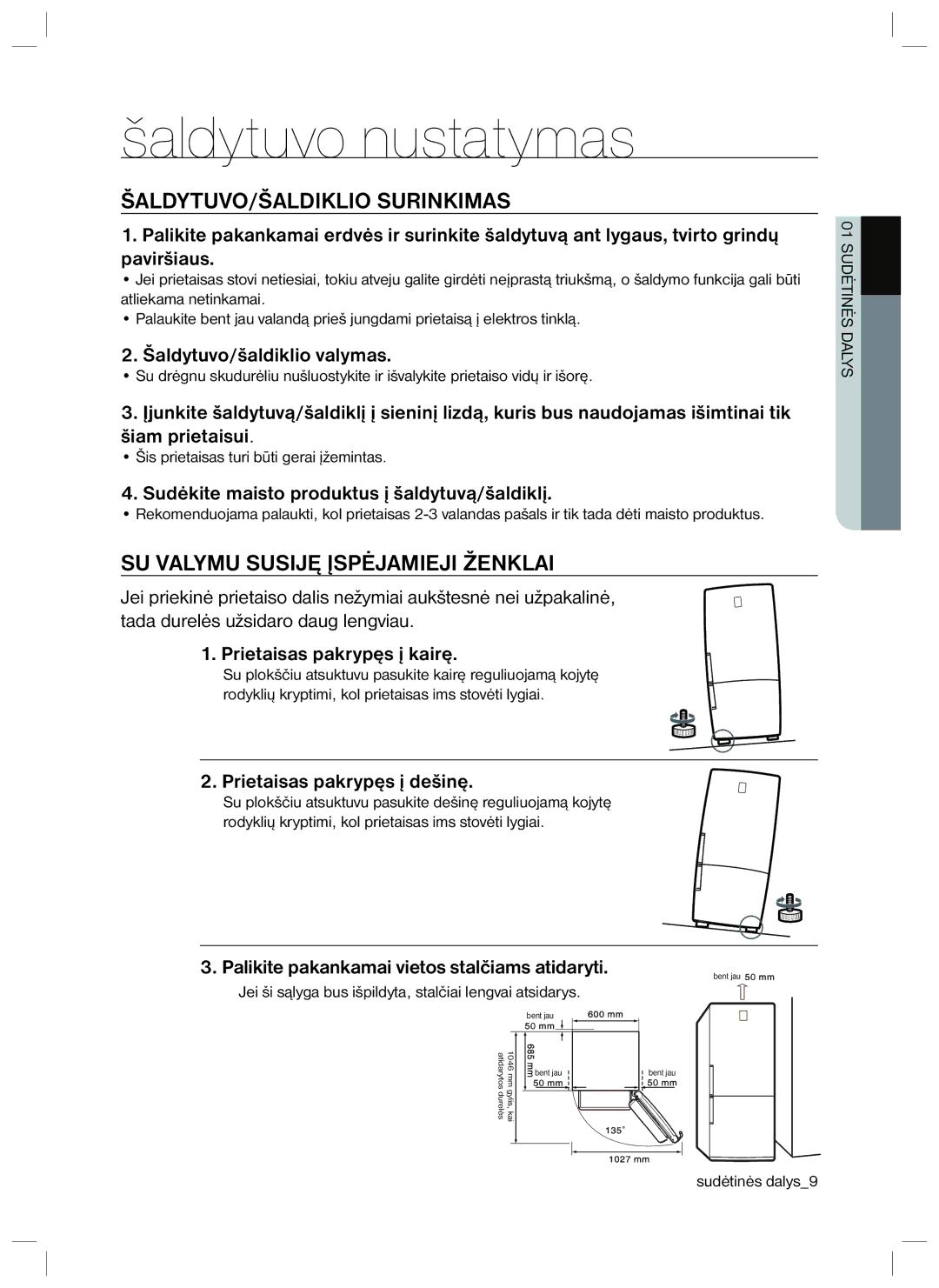 Samsung RL40EGPS1/BWT, RL40EGSW1/BWT, RL40ECPS1/BWT, RL34ECTS1/XEO manual Šaldytuvo nustatymas, ŠALDYTUVO/ŠALDIKLIO Surinkimas 