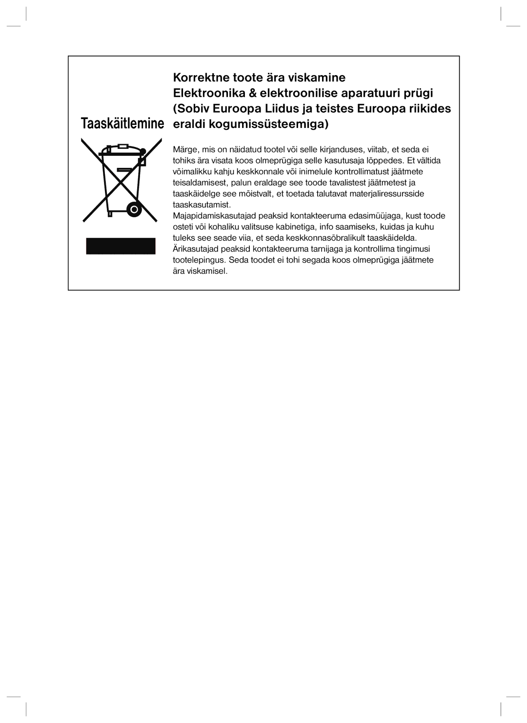 Samsung RL40EGPS1/BWT, RL40EGSW1/BWT, RL40ECPS1/BWT Korrektne toote ära viskamine, Taaskäitlemine eraldi kogumissüsteemiga 