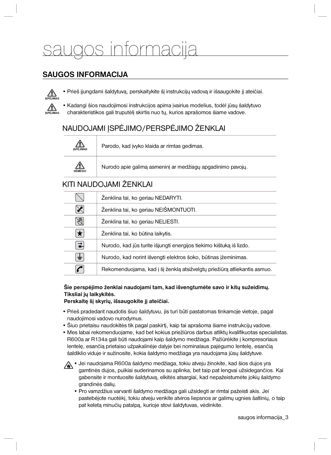 Samsung RL40EGPS1/BWT, RL40EGSW1/BWT, RL40ECPS1/BWT, RL40SCMB1/BWT manual Saugos informacija, Saugos Informacija 