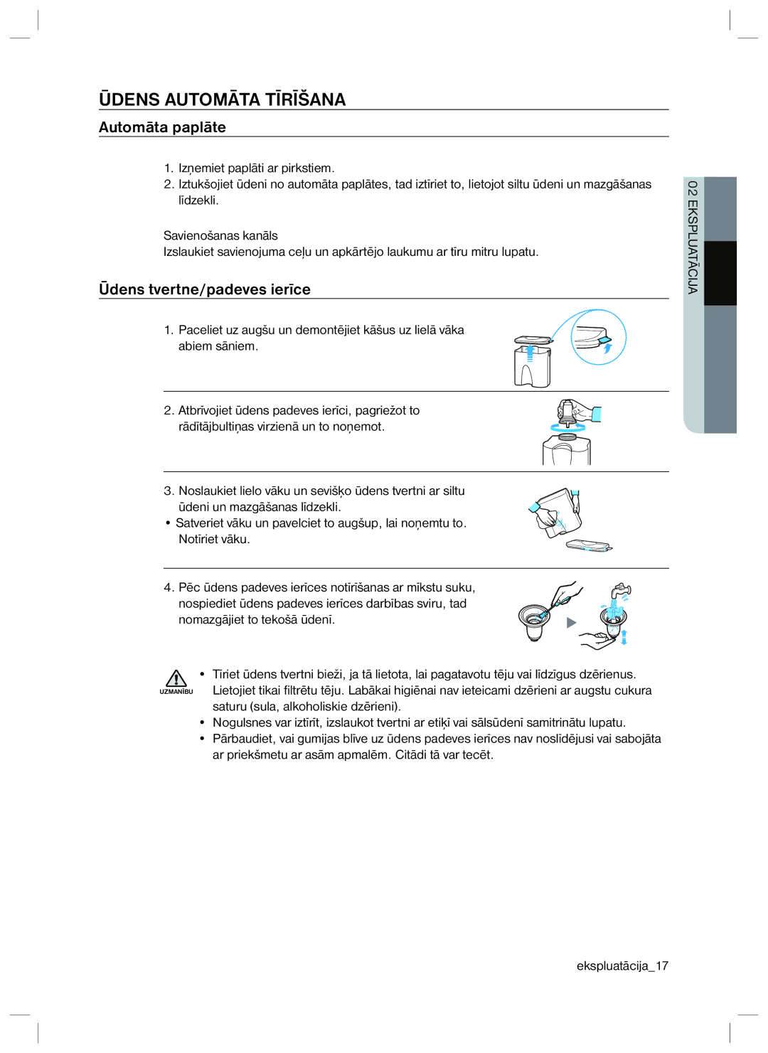 Samsung RL40ECPS1/BWT, RL40EGSW1/BWT, RL40SCMB1/BWT Ūdens Automāta Tīrīšana, Automāta paplāte, Ūdens tvertne/padeves ierīce 