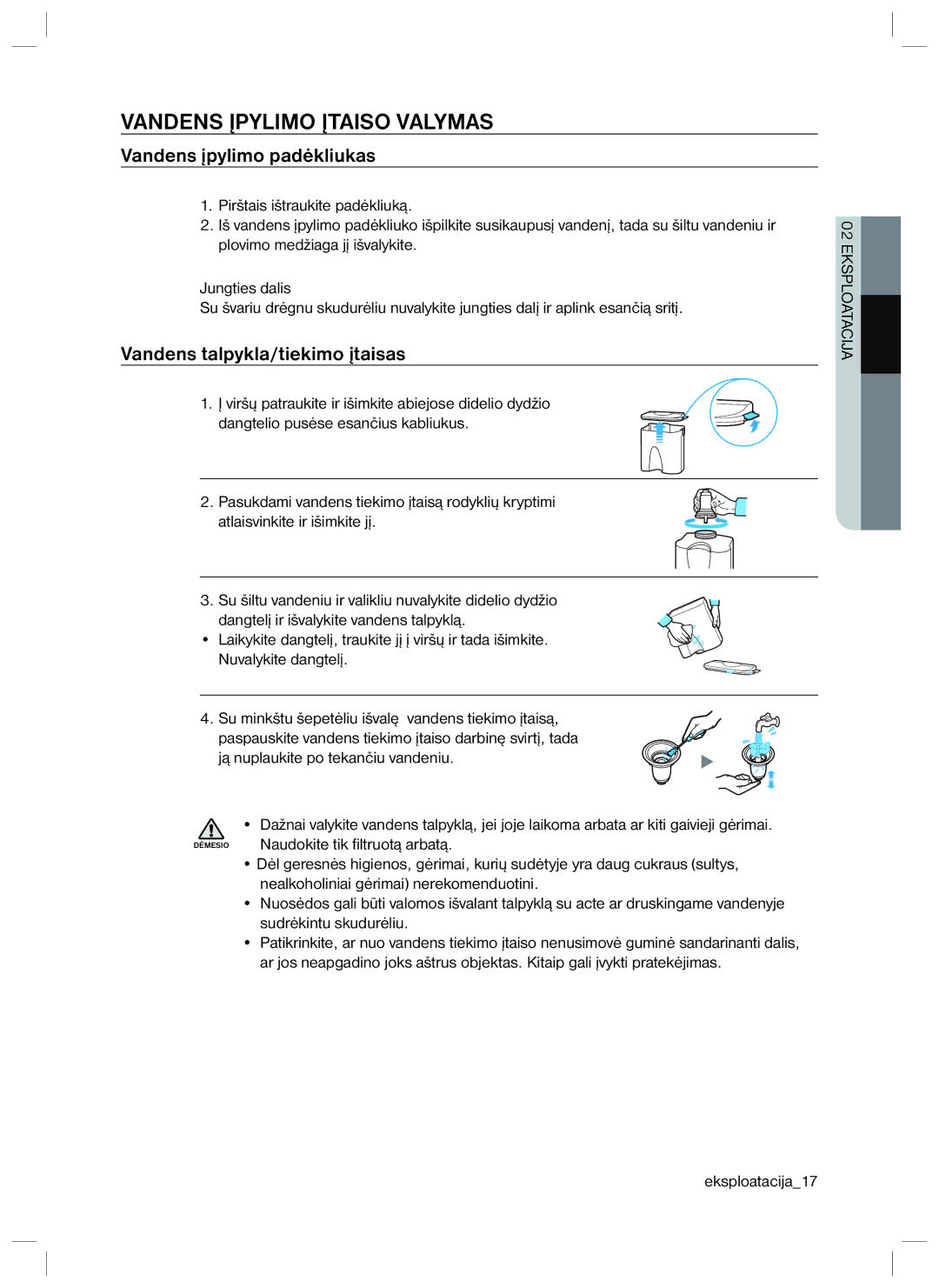 Samsung RL40ECPS1/BWT manual Vandens Įpylimo Įtaiso Valymas, Vandens įpylimo padėkliukas, Vandens talpykla/tiekimo įtaisas 