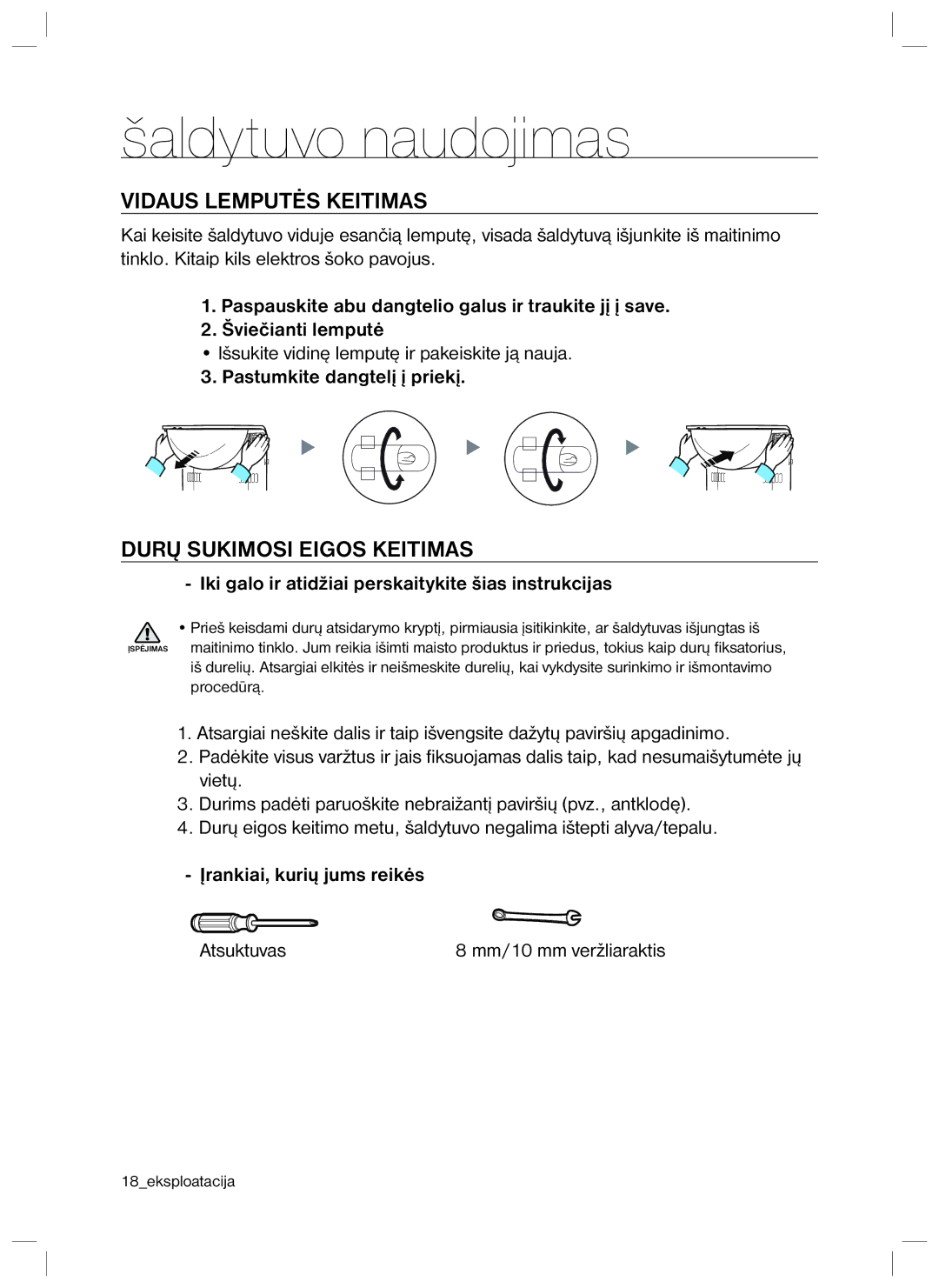 Samsung RL40SCMB1/BWT, RL40EGSW1/BWT Vidaus Lemputės Keitimas, Durų Sukimosi Eigos Keitimas, Pastumkite dangtelį į priekį 