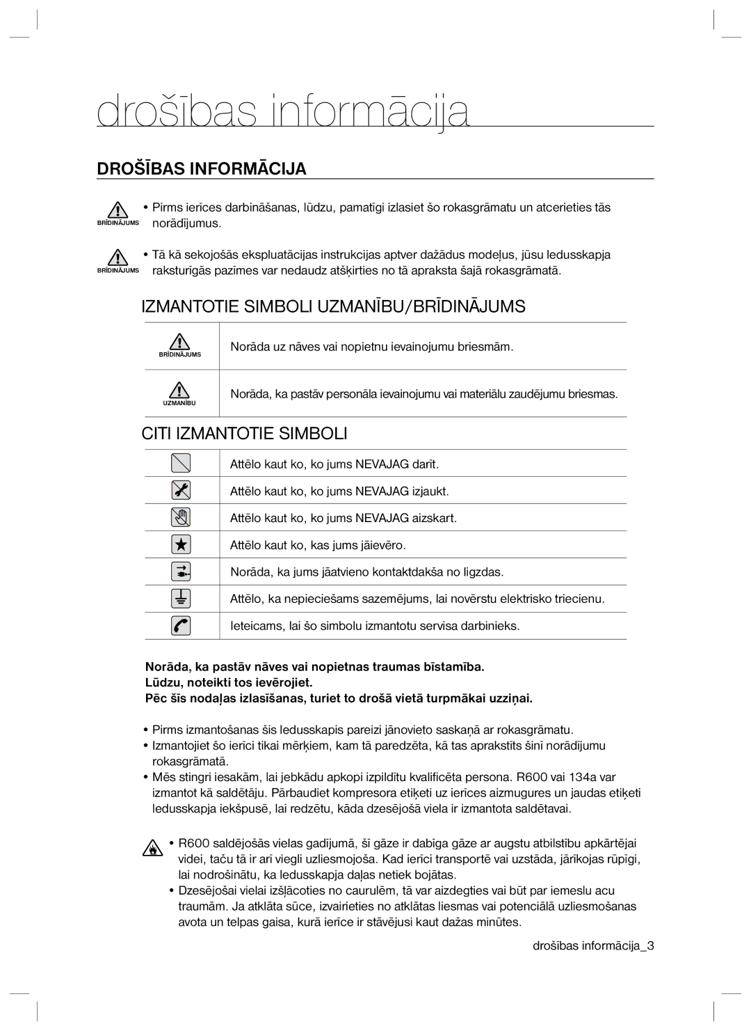 Samsung RL40EGPS1/BWT, RL40EGSW1/BWT, RL40ECPS1/BWT, RL40SCMB1/BWT manual Drošības informācija, Drošības Informācija 