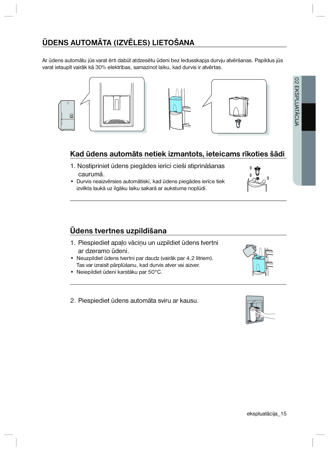 Samsung RL40EGPS1/BWT, RL40EGSW1/BWT, RL34ECTS1/XEO manual Ūdens Automāta Izvēles Lietošana, Ūdens tvertnes uzpildīšana 