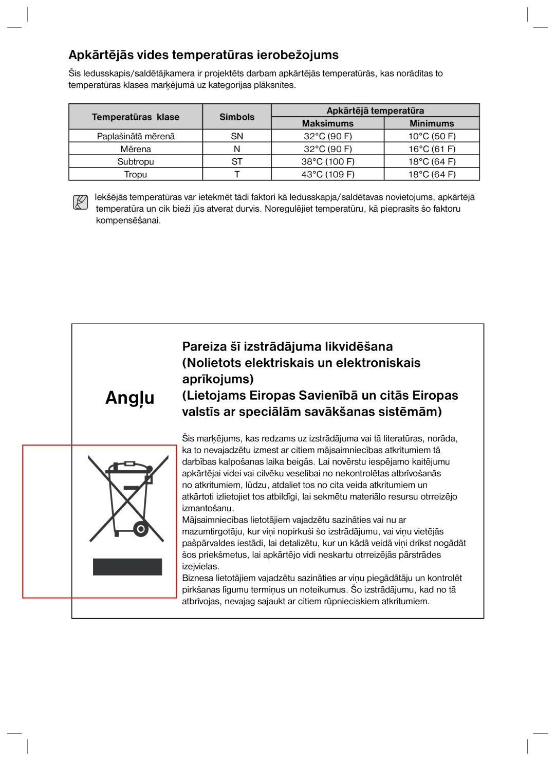 Samsung RL40EGSW1/BWT manual Apkārtējās vides temperatūras ierobežojums, Temperatūras klase Simbols Apkārtējā temperatūra 