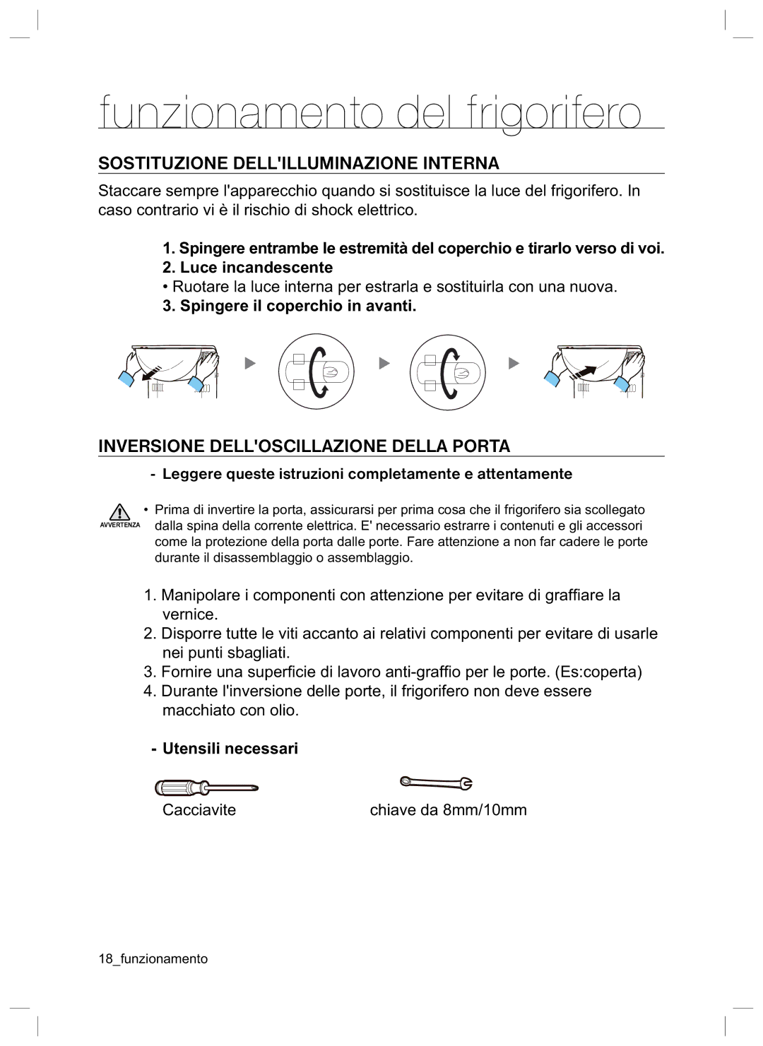 Samsung RL37LCPS2/XES Sostituzione Dellilluminazione Interna, Inversione Delloscillazione Della Porta, Utensili necessari 