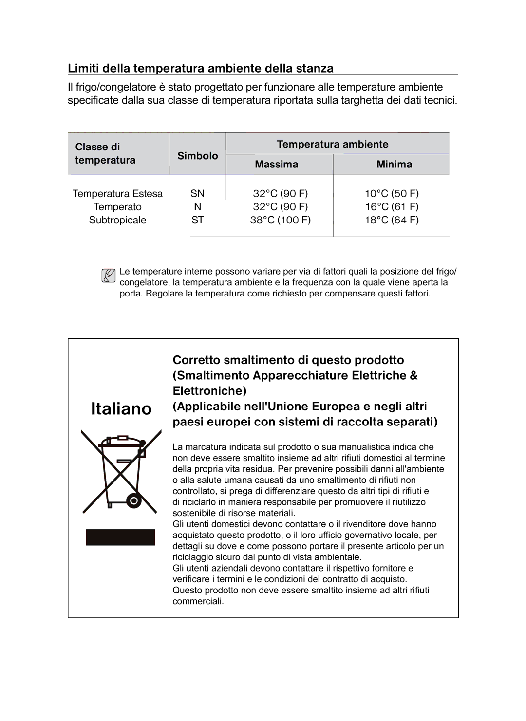 Samsung RL37LCPS2/XES, RL40HDPS1/XES, RL40HDSW1/XES, RL40HDMB1/XES manual Limiti della temperatura ambiente della stanza 