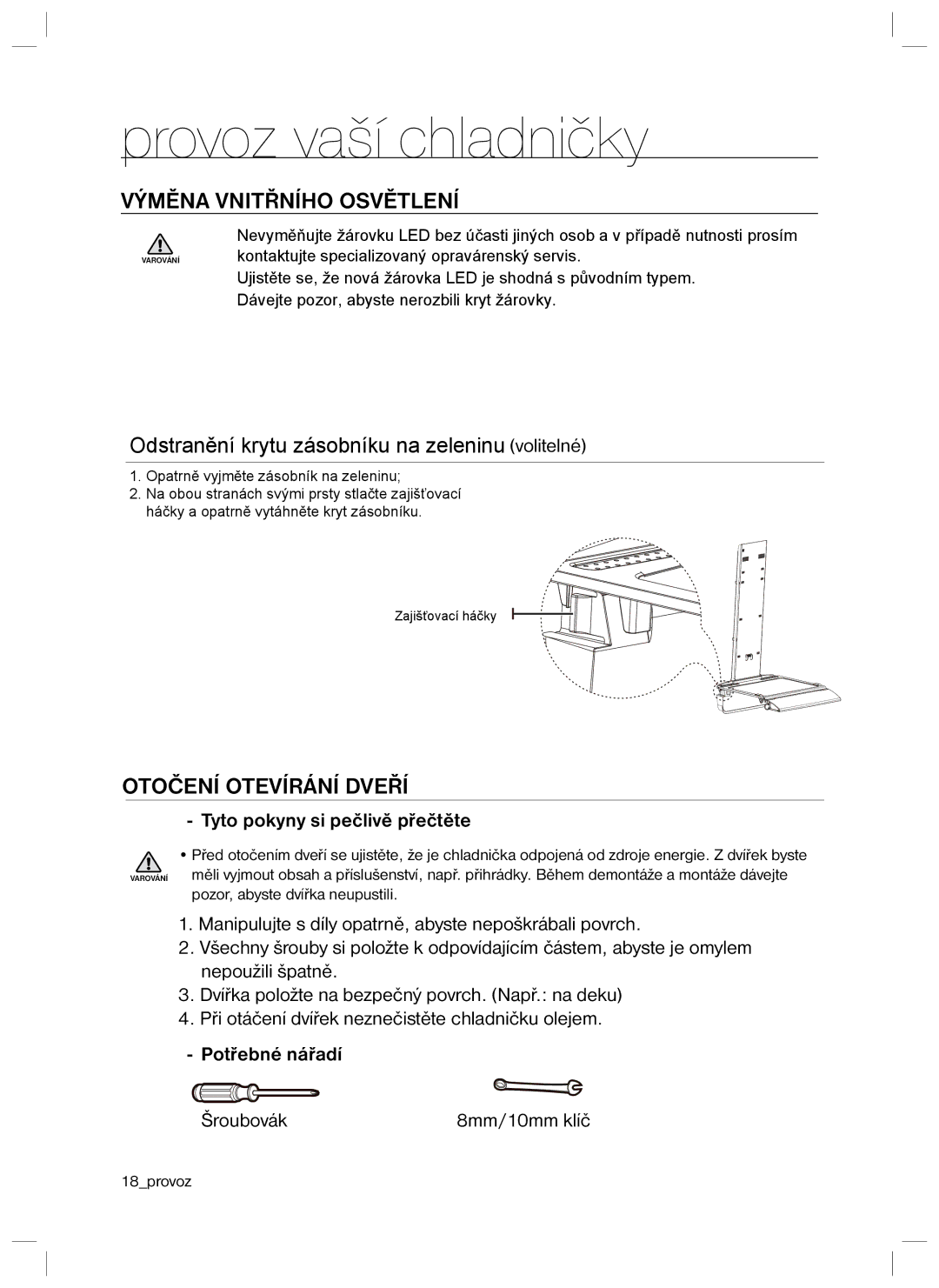 Samsung RL40HGIH1/XEO, RL34HGPS1/XEO Výměna Vnitřního Osvětlení, Otočení Otevírání Dveří, Tyto pokyny si pečlivě přečtěte 