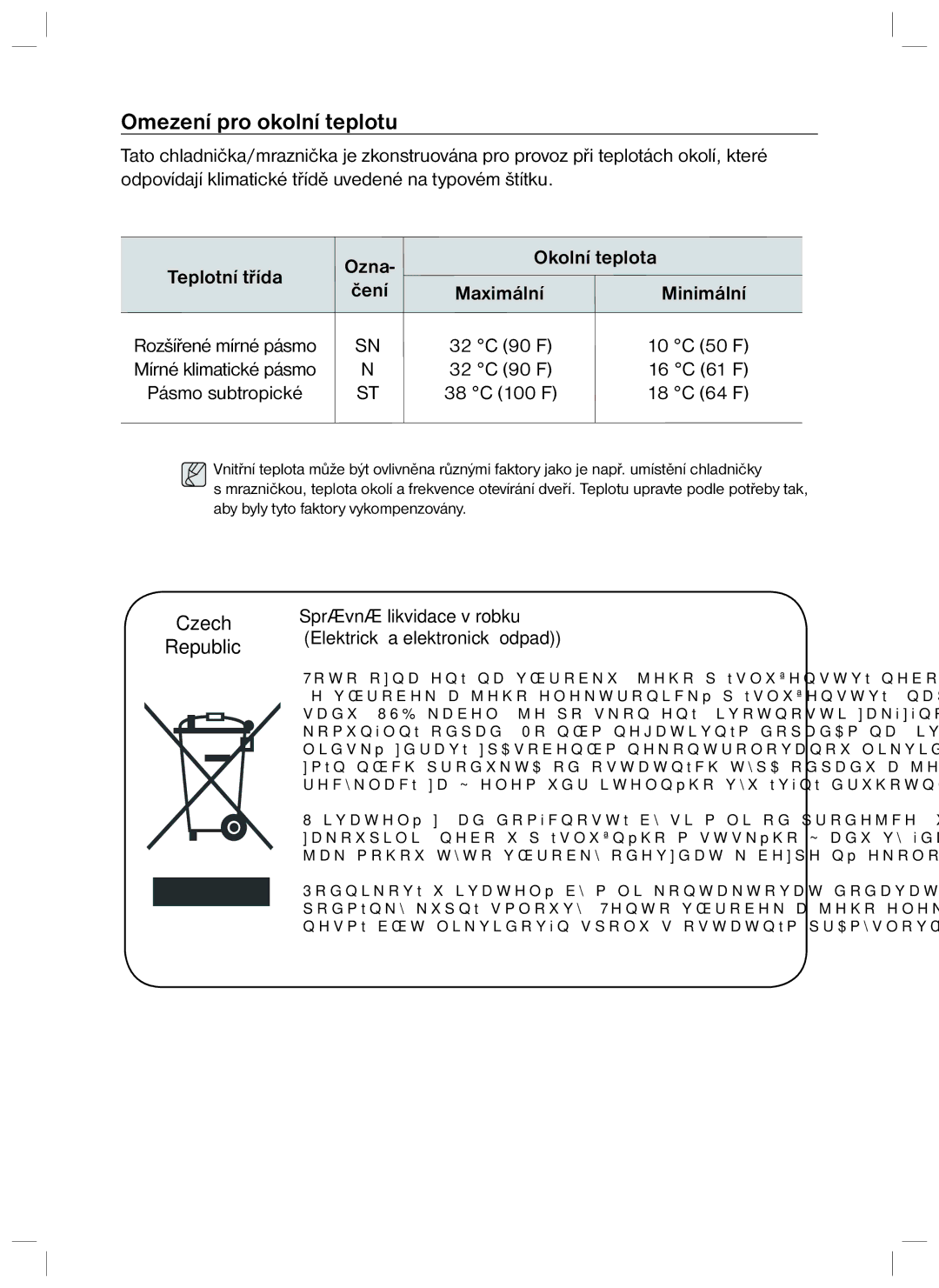 Samsung RL40HGIH1/XEO, RL34HGPS1/XEO manual Omezení pro okolní teplotu, Teplotní třída Ozna Okolní teplota, Minimální 