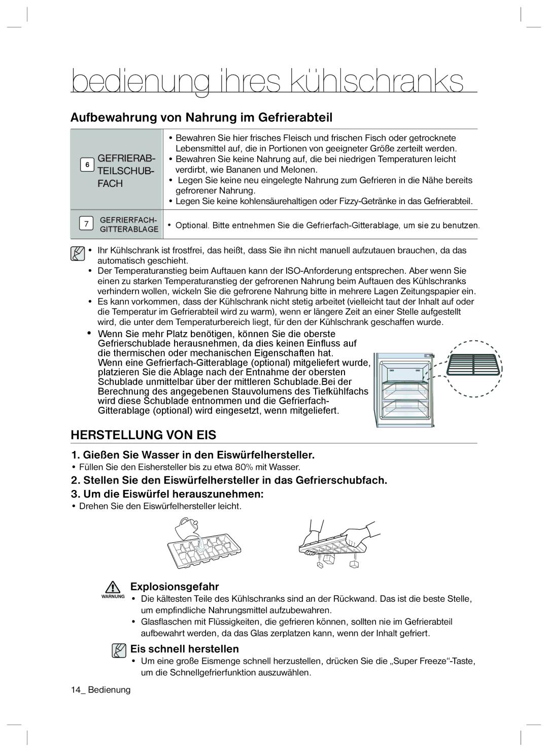 Samsung RL34LGMG1/XEG, RL40WGMG1/EUR manual Aufbewahrung von Nahrung im Gefrierabteil, Herstellung VON EIS, Explosionsgefahr 