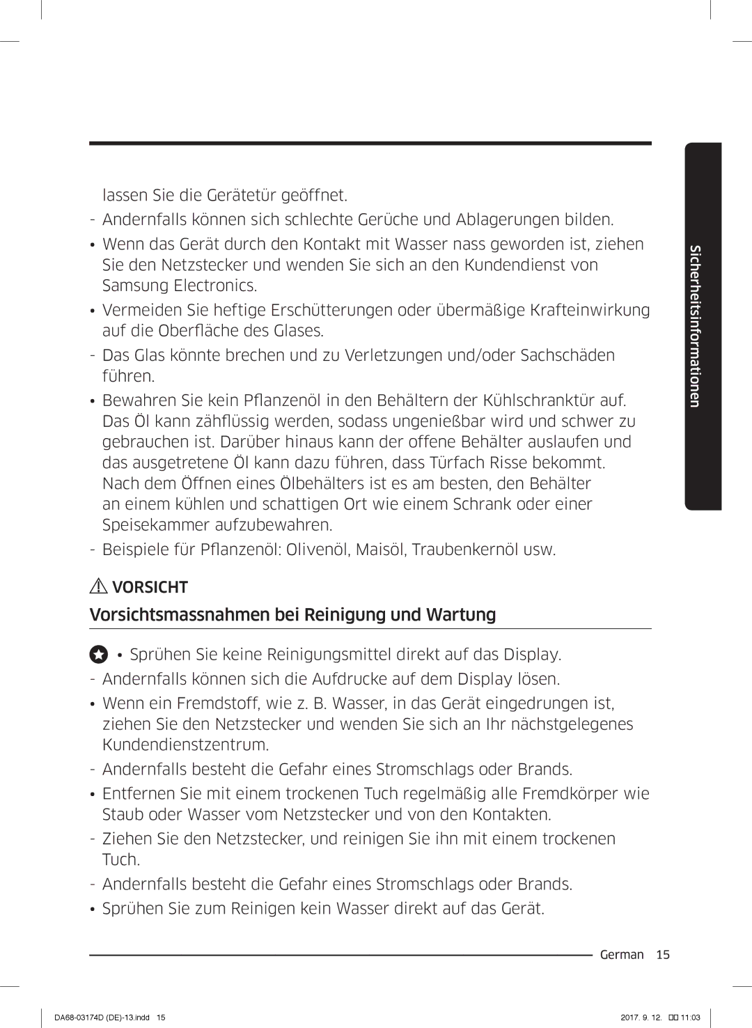 Samsung RB33J3030SA/EF, RL41J7799B1/EG, RB36J8059SR/EF, RL41J7799S4/EG manual Vorsichtsmassnahmen bei Reinigung und Wartung 