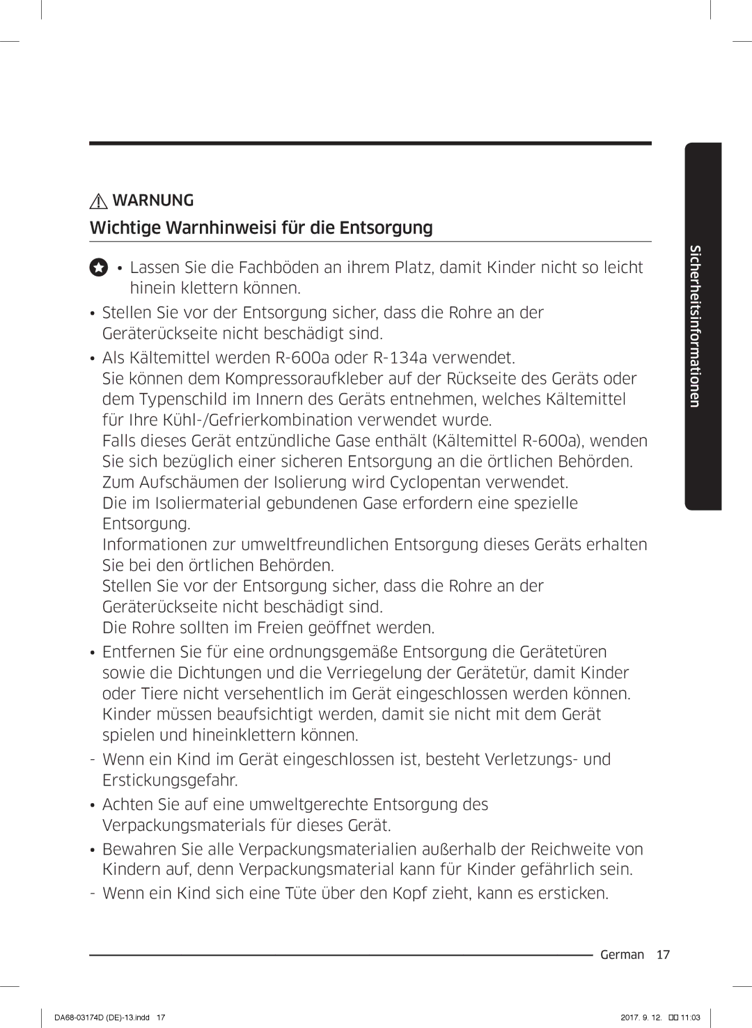 Samsung RB36J8855S4/EF, RL41J7799B1/EG, RB36J8059SR/EF, RL41J7799S4/EG manual Wichtige Warnhinweisi für die Entsorgung 