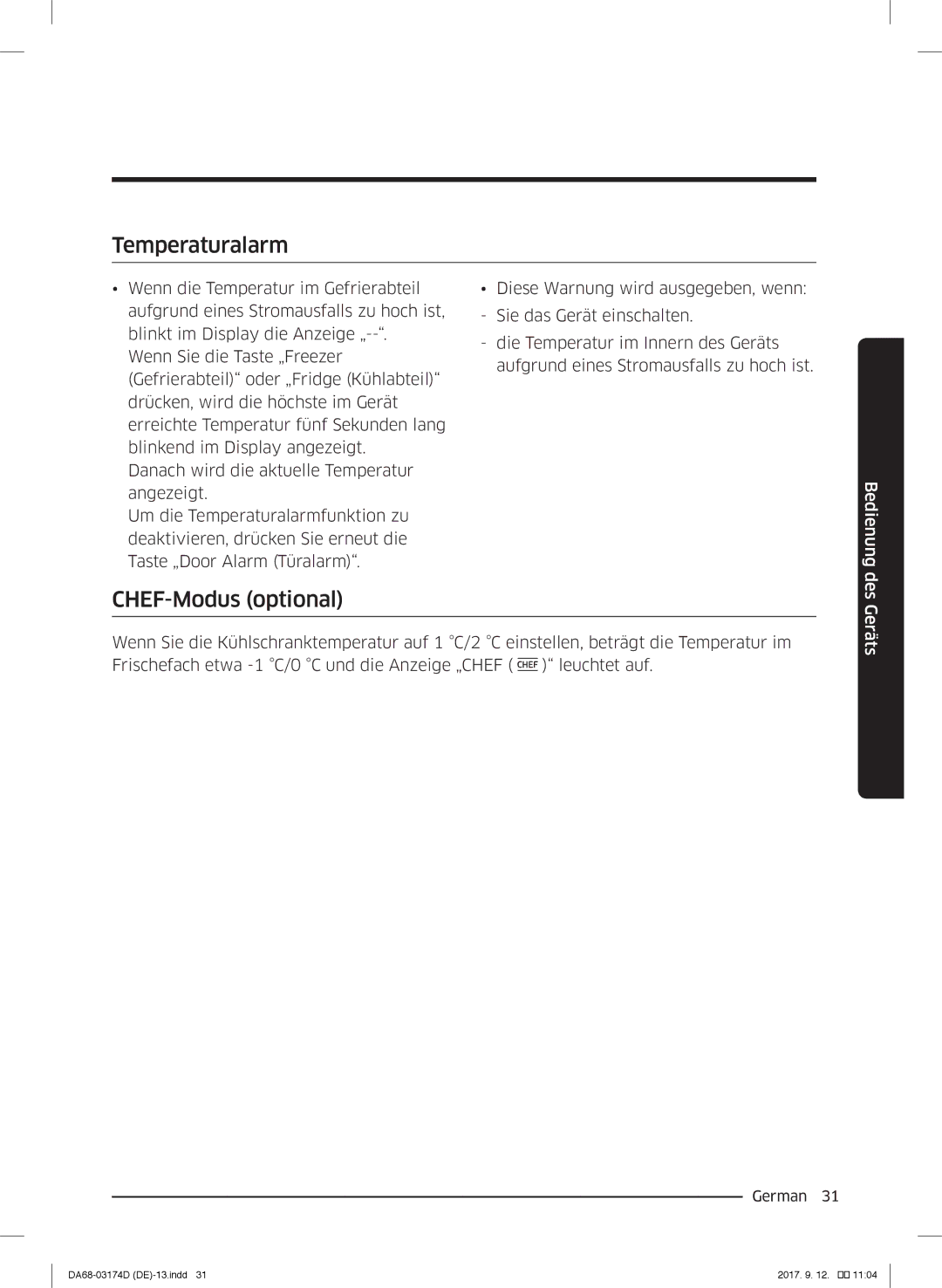 Samsung RB38J7215SR/EF, RL41J7799B1/EG, RB36J8059SR/EF, RL41J7799S4/EG, RL36J8159SR/EG Temperaturalarm, CHEF-Modus optional 