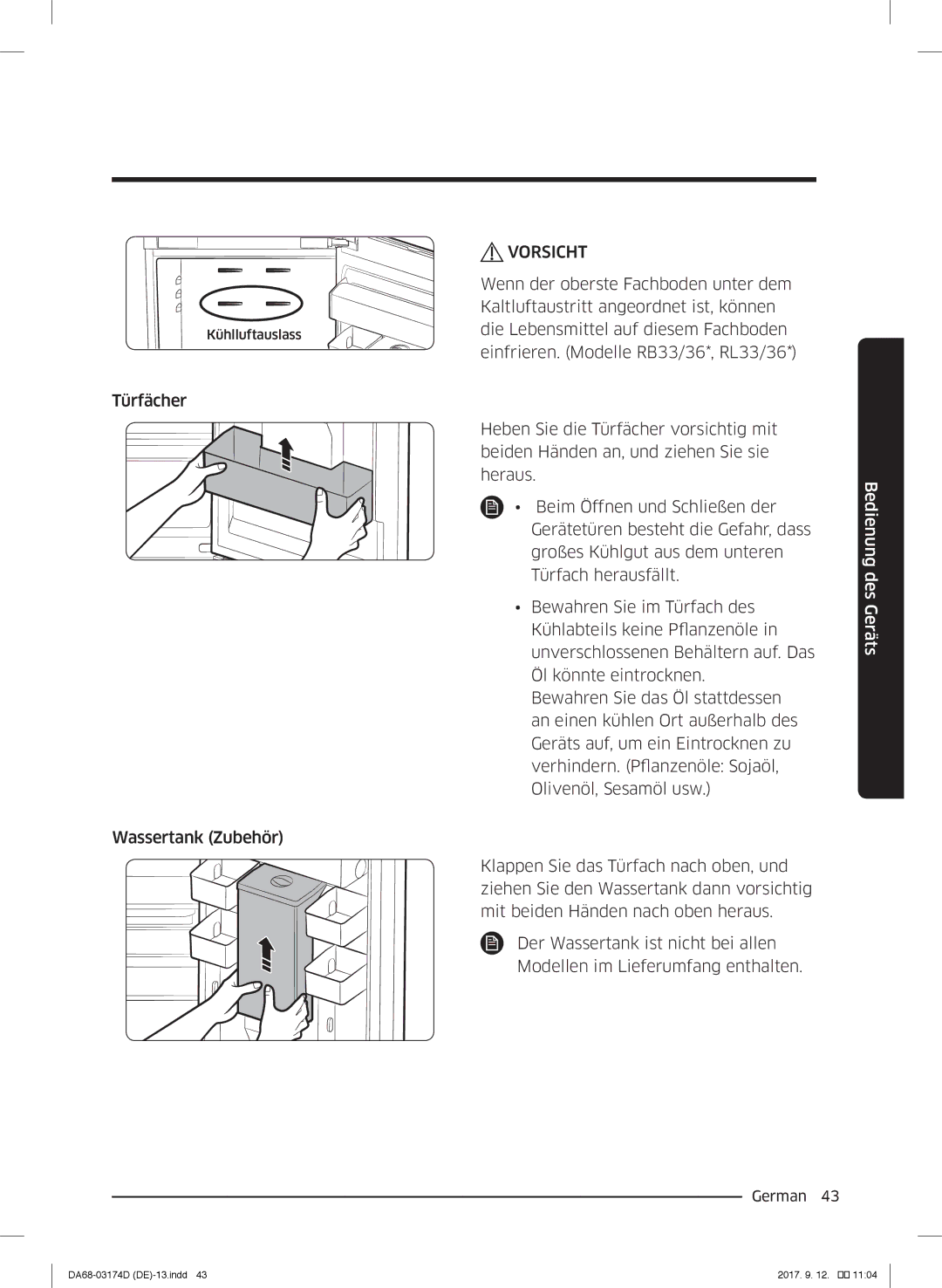 Samsung RB41J7359SR/EF, RL41J7799B1/EG, RB36J8059SR/EF, RL41J7799S4/EG, RL36J8159SR/EG manual Türfächer Wassertank Zubehör 