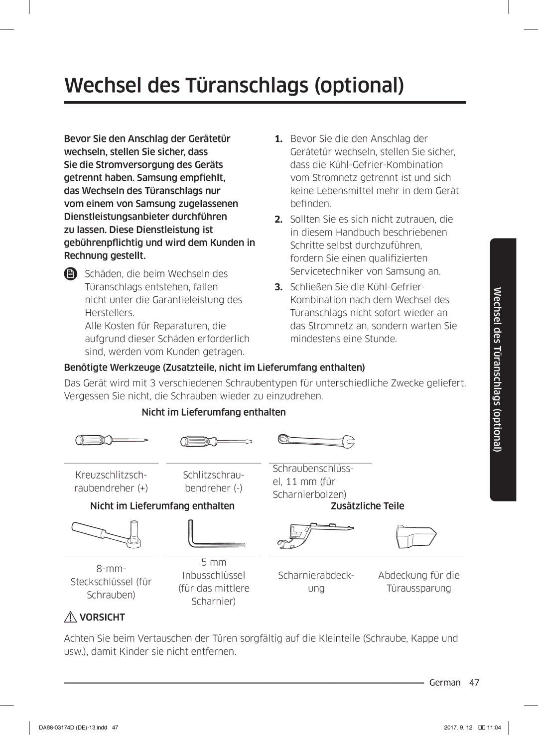 Samsung RB33J3030SA/EF, RL41J7799B1/EG, RB36J8059SR/EF, RL41J7799S4/EG, RL36J8159SR/EG manual Wechsel des Türanschlags optional 