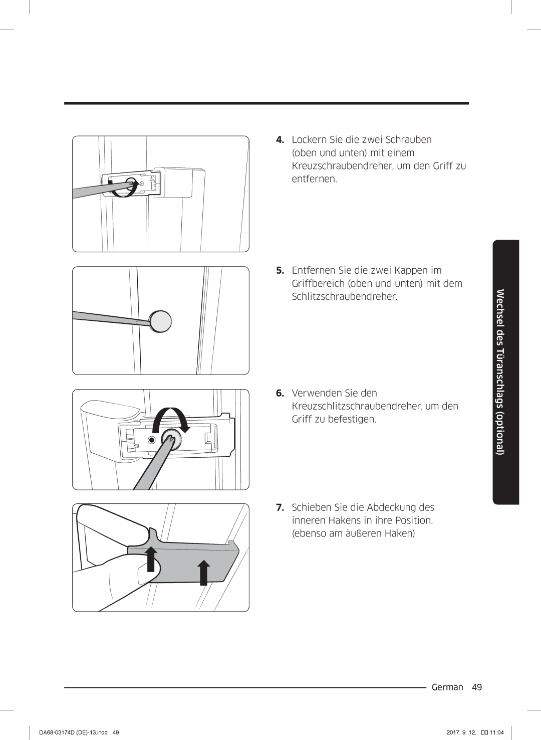 Samsung RB36J8855S4/EF, RL41J7799B1/EG, RB36J8059SR/EF, RL41J7799S4/EG, RL36J8159SR/EG manual Wechsel des Türanschlags optional 