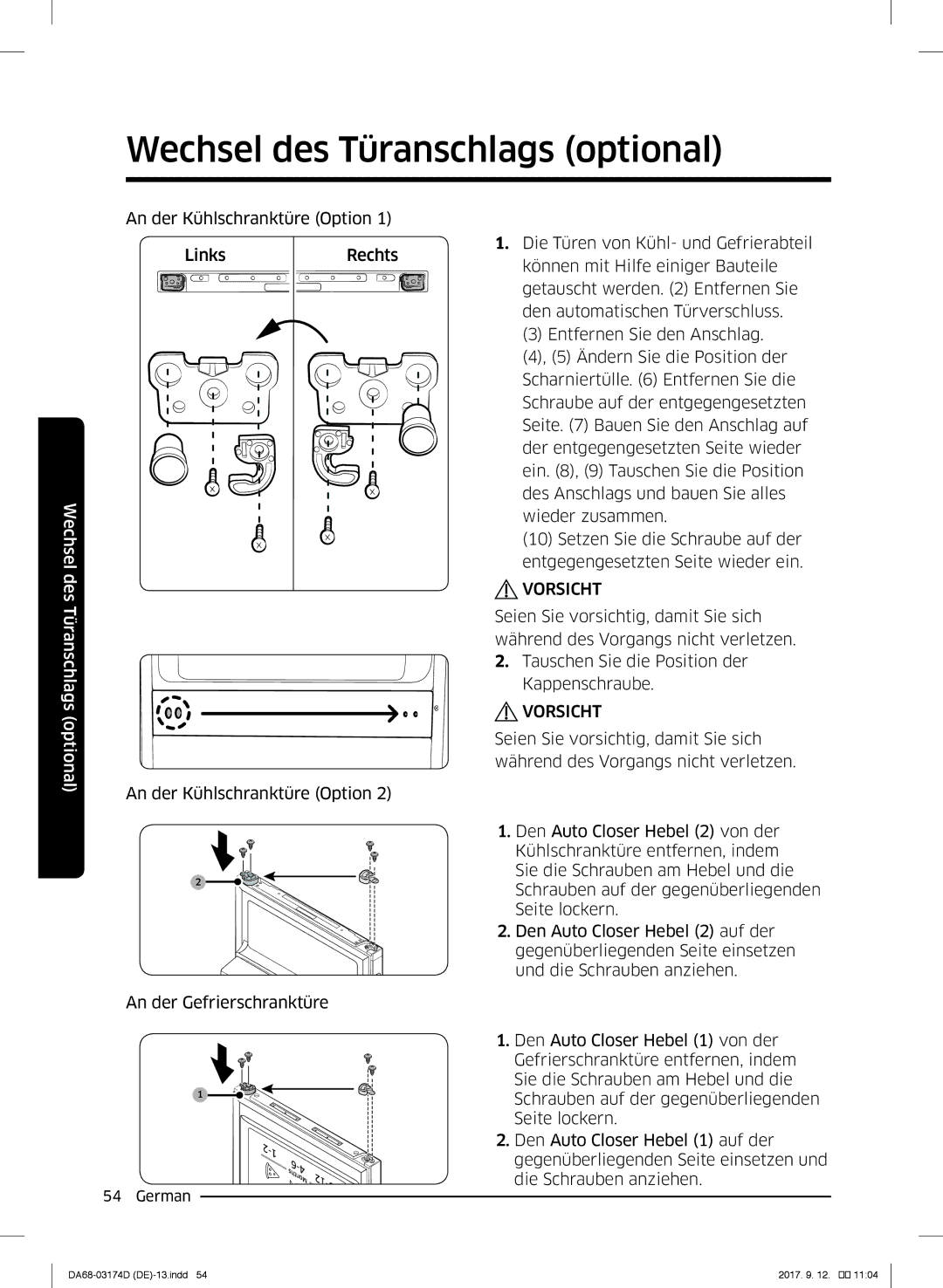 Samsung RB41J7734B1/EF, RL41J7799B1/EG, RB36J8059SR/EF, RL41J7799S4/EG manual An der Kühlschranktüre Option Links Rechts 