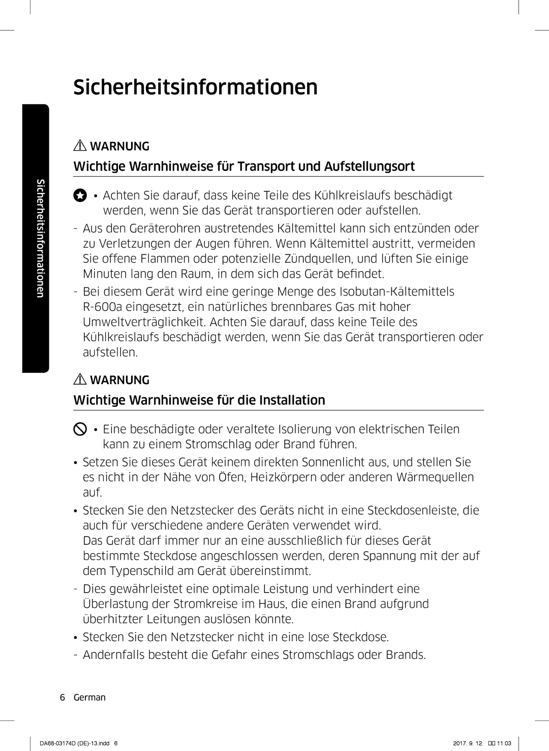 Samsung RB38J7230SR/EF Wichtige Warnhinweise für Transport und Aufstellungsort, Wichtige Warnhinweise für die Installation 