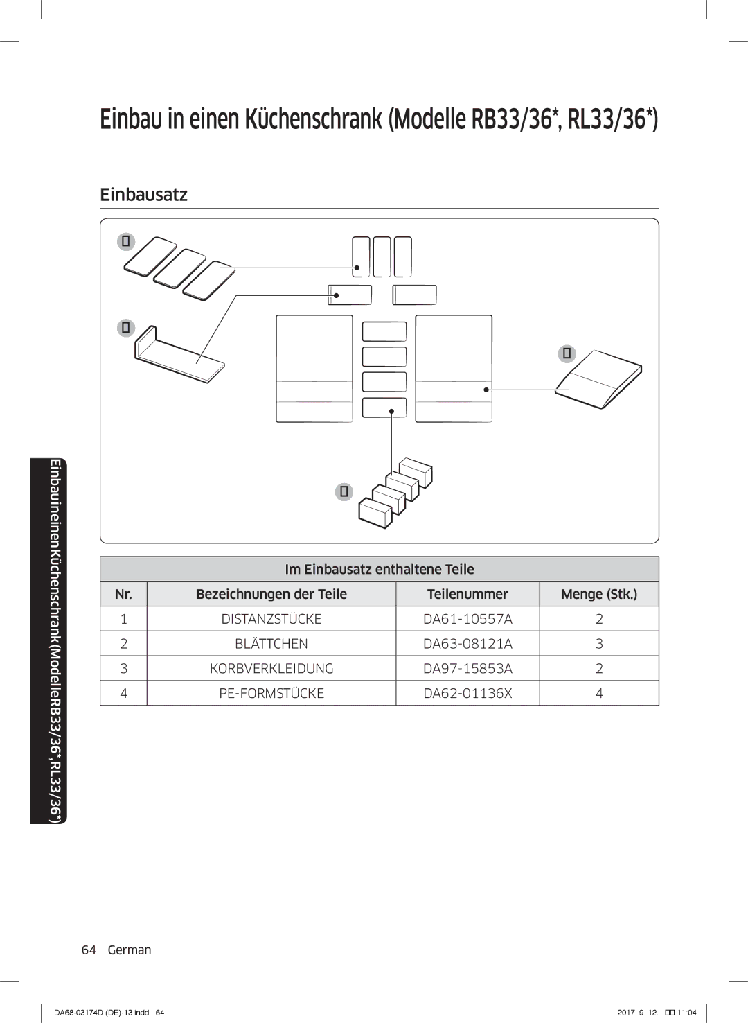 Samsung RL41J7799B1/EG, RB36J8059SR/EF, RL41J7799S4/EG Einbau in einen Küchenschrank Modelle RB33/36*, RL33/36, Einbausatz 