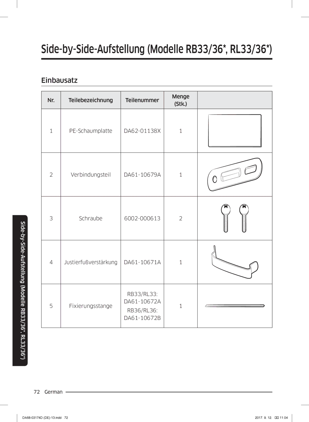 Samsung RB41J7859SR/EF, RL41J7799B1/EG, RB36J8059SR/EF, RL41J7799S4/EG Side-by-Side-Aufstellung Modelle RB33/36*, RL33/36 