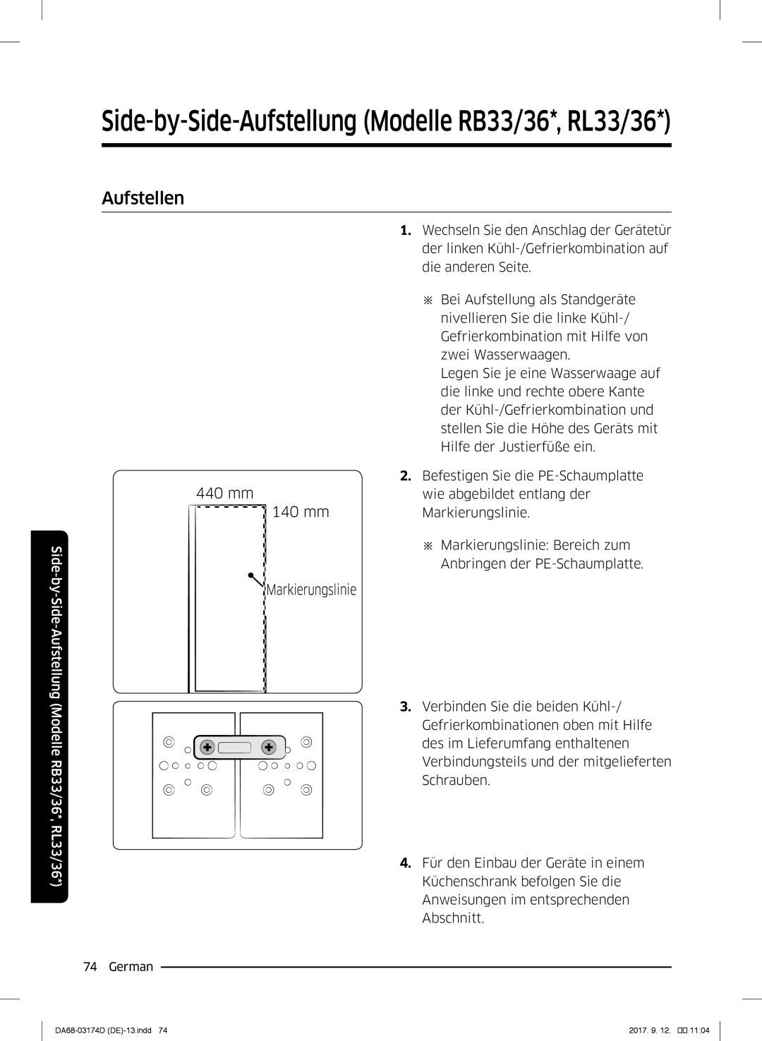 Samsung RL36J8799S4/EG, RL41J7799B1/EG, RB36J8059SR/EF, RL41J7799S4/EG, RL36J8159SR/EG manual Aufstellen, Markierungslinie 