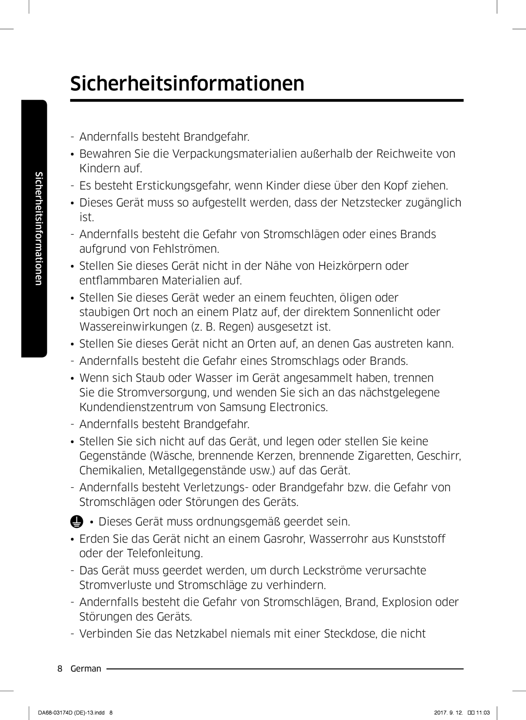 Samsung RB41J7859SR/EF, RL41J7799B1/EG, RB36J8059SR/EF, RL41J7799S4/EG, RL36J8159SR/EG manual Sicherheitsinformationen 