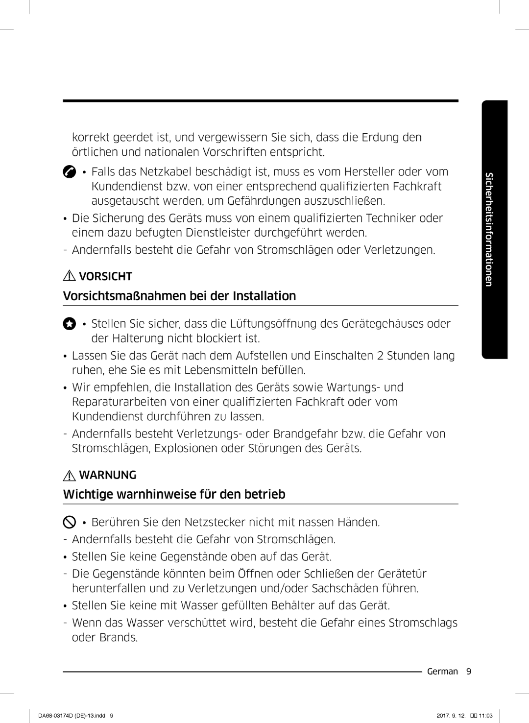 Samsung RB41J7230SR/EF, RL41J7799B1/EG manual Vorsichtsmaßnahmen bei der Installation, Wichtige warnhinweise für den betrieb 