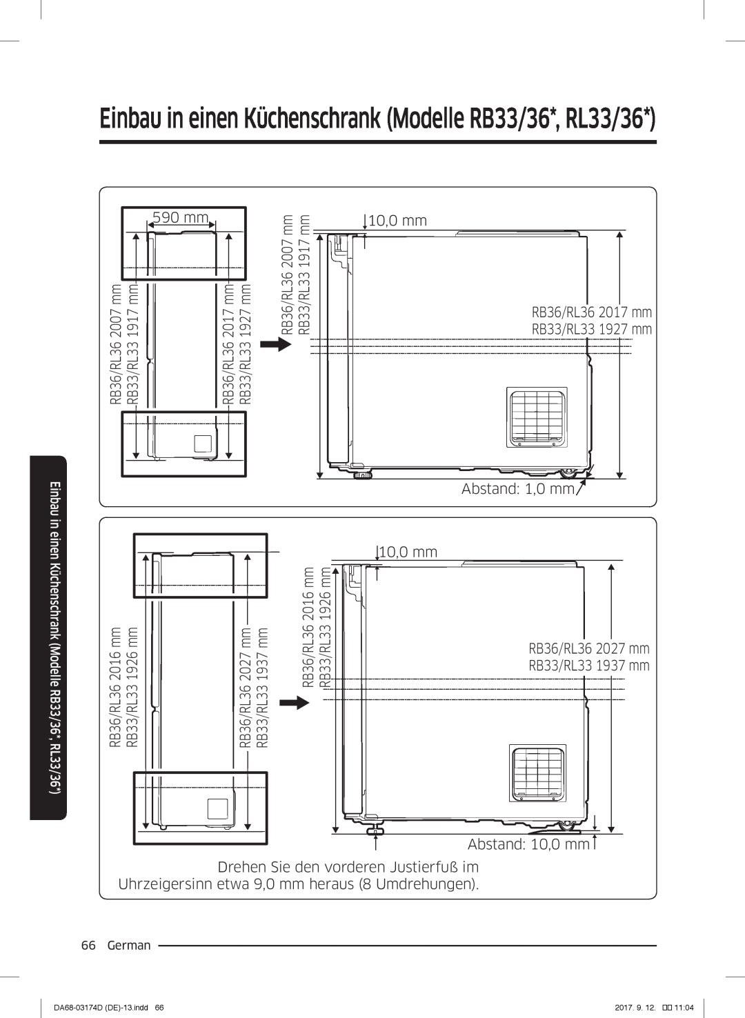 Samsung RL41J7799S4/EG, RL41J7799B1/EG manual Einbau in einen Küchenschrank Modelle RB33/36*, RL33/36, RB33/RL33 1917 mm 