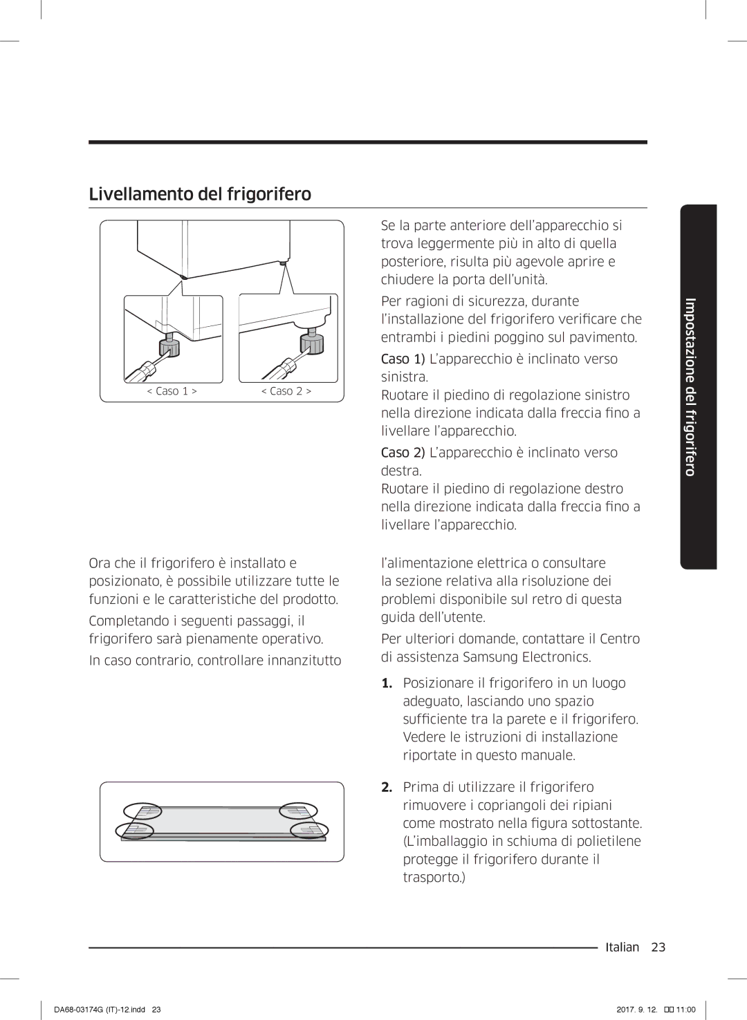 Samsung RB41J7859SR/EF, RL41J7799B1/EG, RB41J7235SR/EF, RL36J8799S4/EG, RB41J7359SR/EF manual Livellamento del frigorifero 