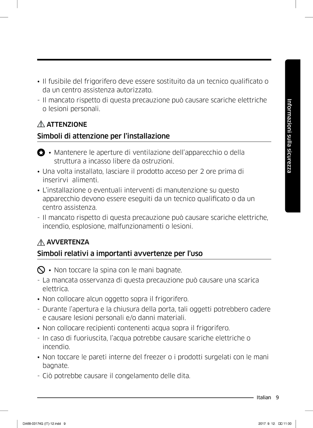 Samsung RB36J8855S4/EF manual Simboli di attenzione per l’installazione, Simboli relativi a importanti avvertenze per l’uso 