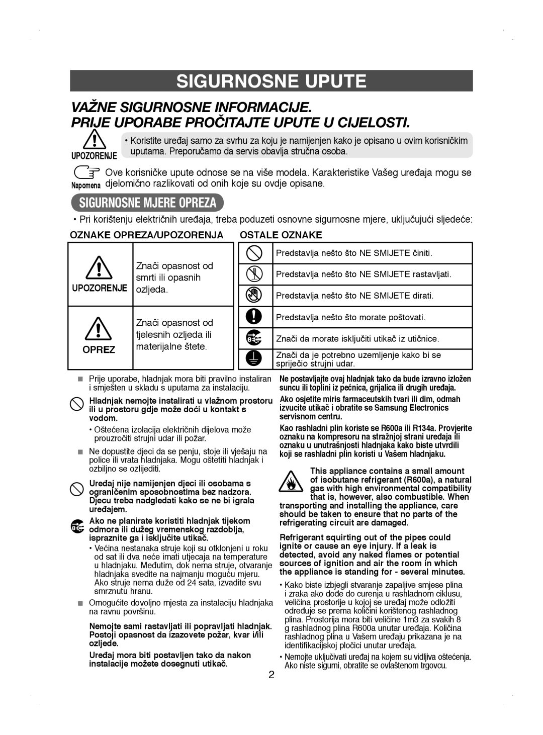 Samsung RL44WGTB1/BUL, RL41WCPS1/BUL, RL44ECIH1/EUR, RL44ECIH1/XEK, RL41HCIH1/EUR manual Sigurnosne Upute, Upozorenje, Oprez 