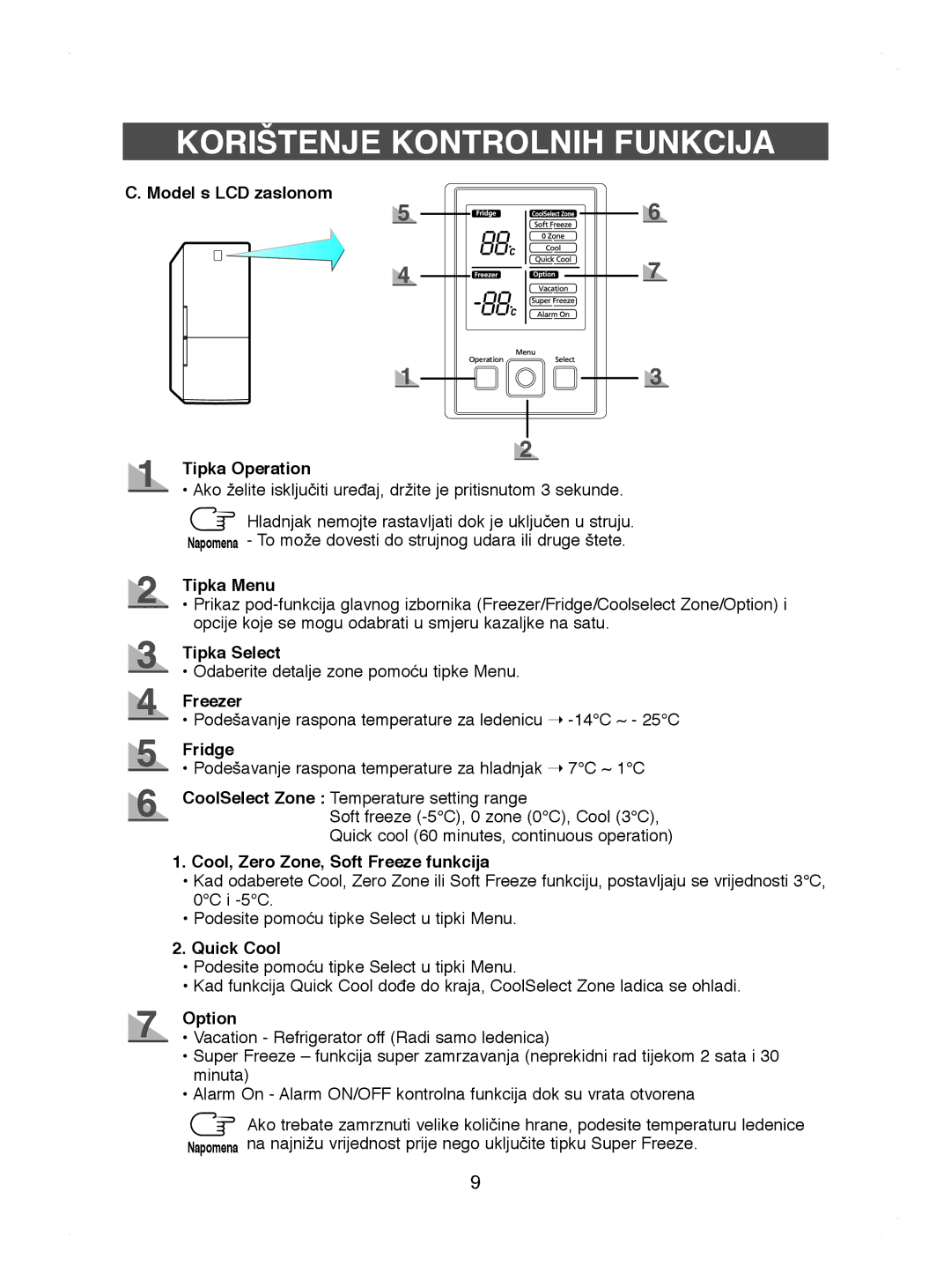 Samsung RL44WGTB1/BUL, RL41WCPS1/BUL, RL44ECIH1/EUR manual Model s LCD zaslonom Tipka Operation, Tipka Menu, Tipka Select 