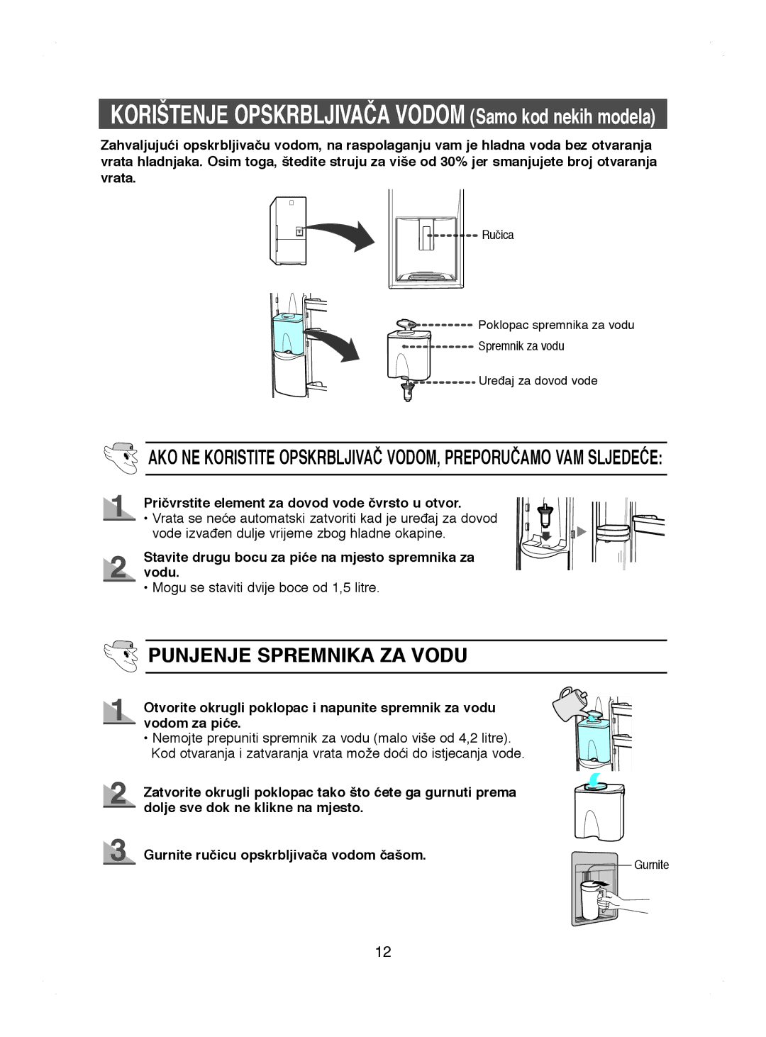 Samsung RL41WCPS1/BUL manual Pričvrstite element za dovod vode čvrsto u otvor, Mogu se staviti dvije boce od 1,5 litre 