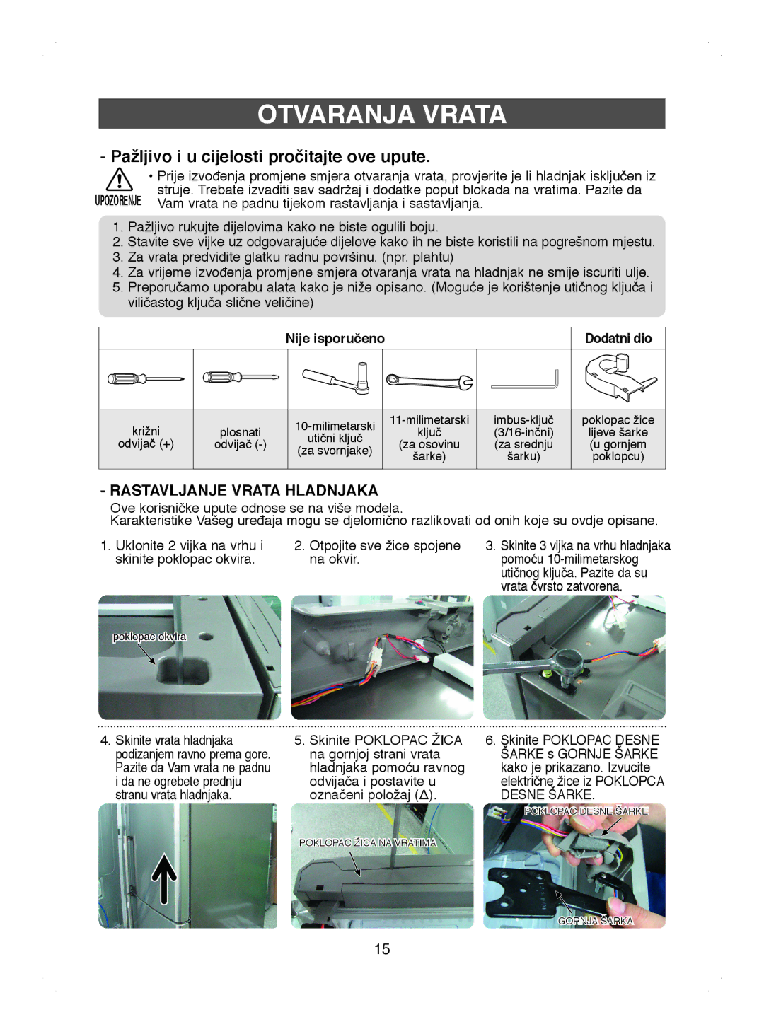 Samsung RL41HCIH1/EUR manual Otvaranja Vrata, Vam vrata ne padnu tijekom rastavljanja i sastavljanja, Nije isporučeno 