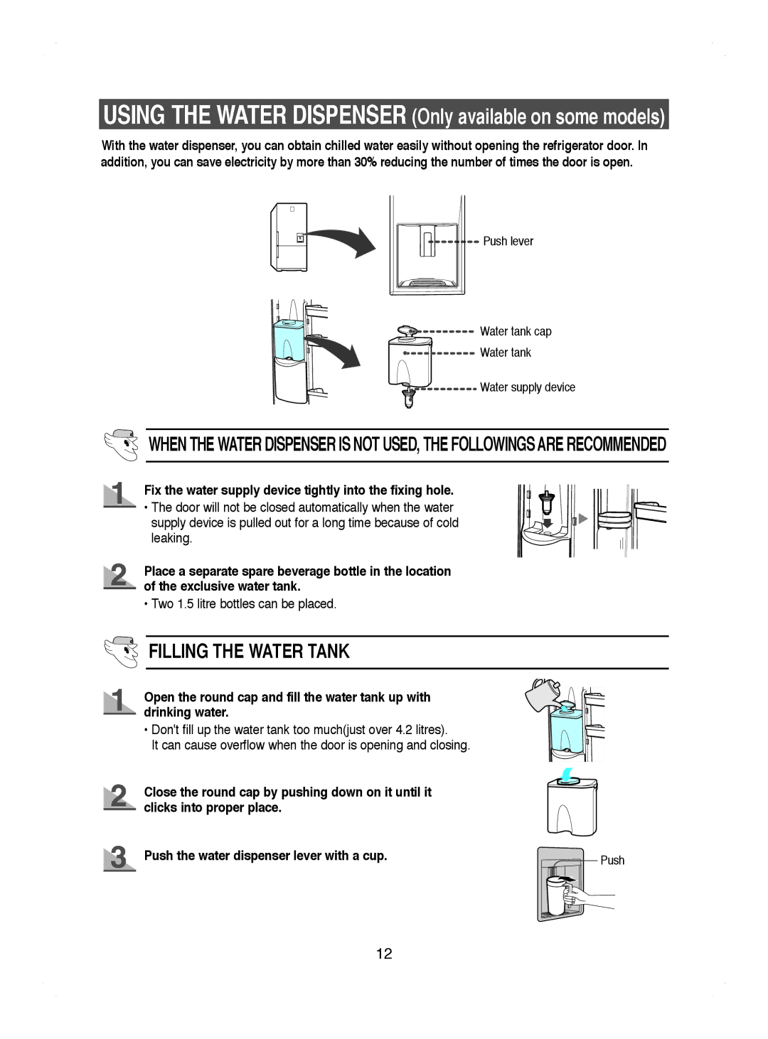 Samsung RL41HCIH1/XEH manual Fix the water supply device tightly into the fixing hole, Two 1.5 litre bottles can be placed 