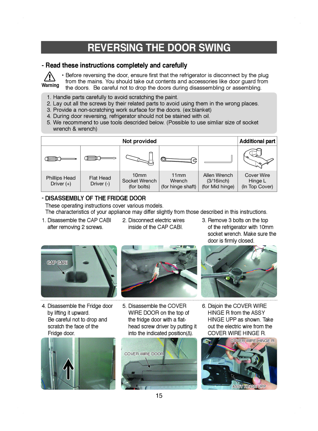 Samsung RL44ECIH1/EUR, RL41WCPS1/BUL, RL44ECIH1/XEK manual Reversing the Door Swing, Not provided, Door is firmly closed 