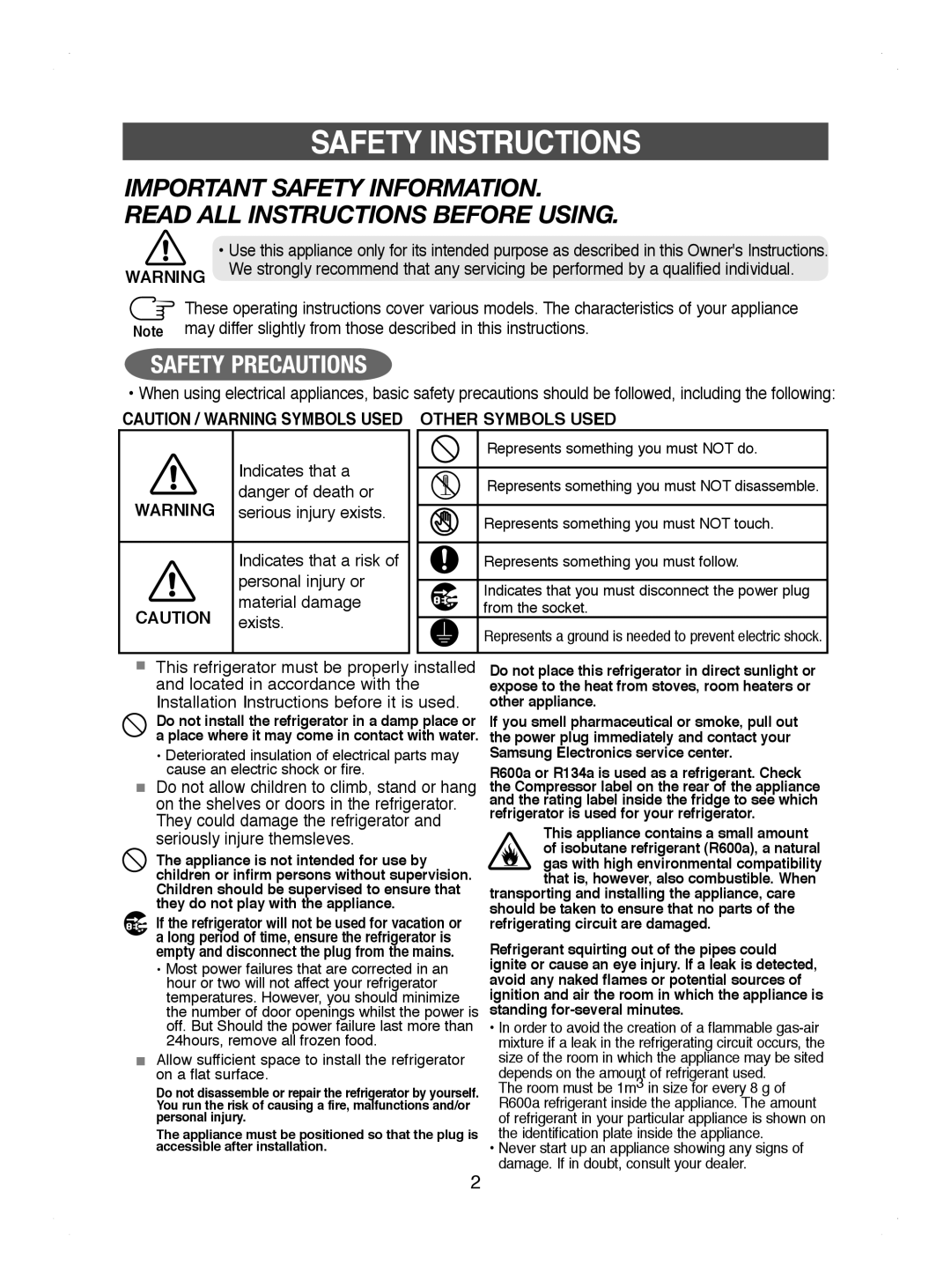 Samsung RL44ECIH1/XEK, RL41WCPS1/BUL, RL44ECIH1/EUR, RL41HCIH1/EUR, RL44WGTB1/BUL, RL41HCIH1/XEH manual Safety Instructions 